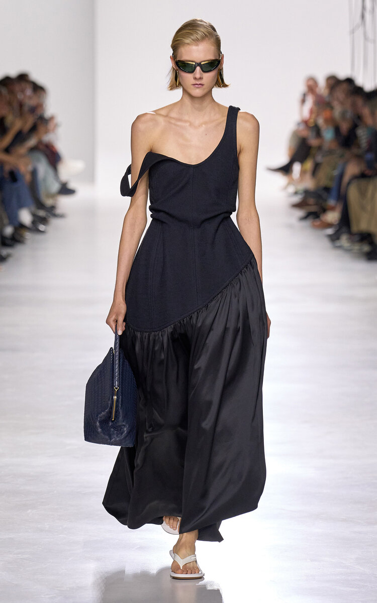 Bottega Veneta Drop Waist Stretch Cotton Crepe Maxi Dress In Black