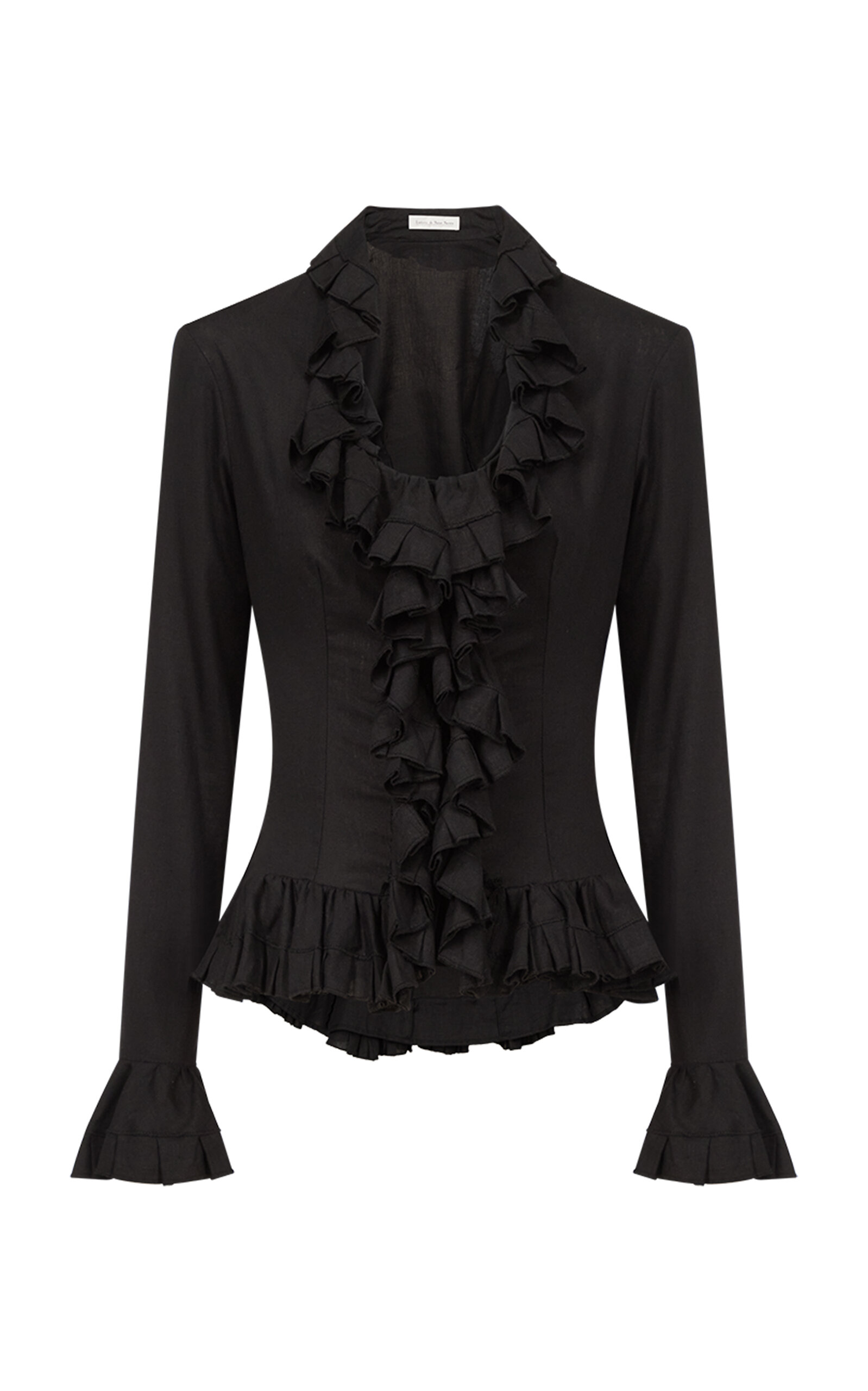 Ludovic de Saint Sernin Ruffle-Trimmed Long Sleeve Linen Top - Black