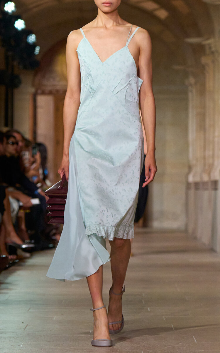 Victoria Beckham Asymmetric Lace-trimmed Midi Slip Dress In Blue