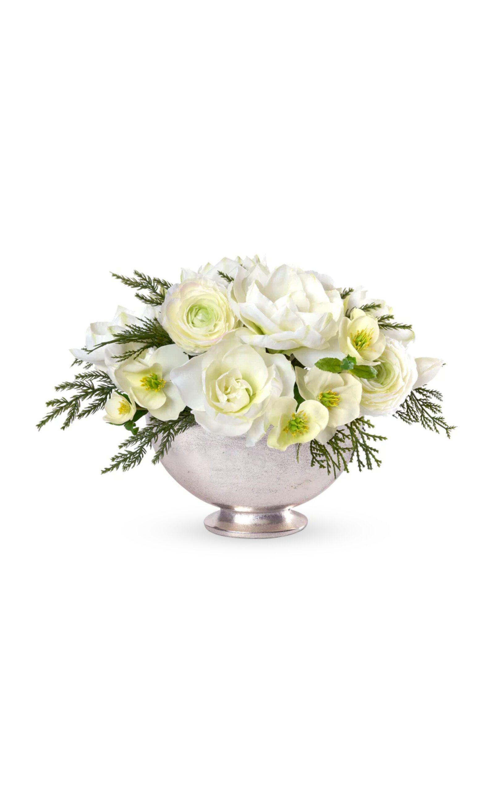 Diane James Designs Amaryllis; Ranunculus And Hellebore In Silver Bowl In White