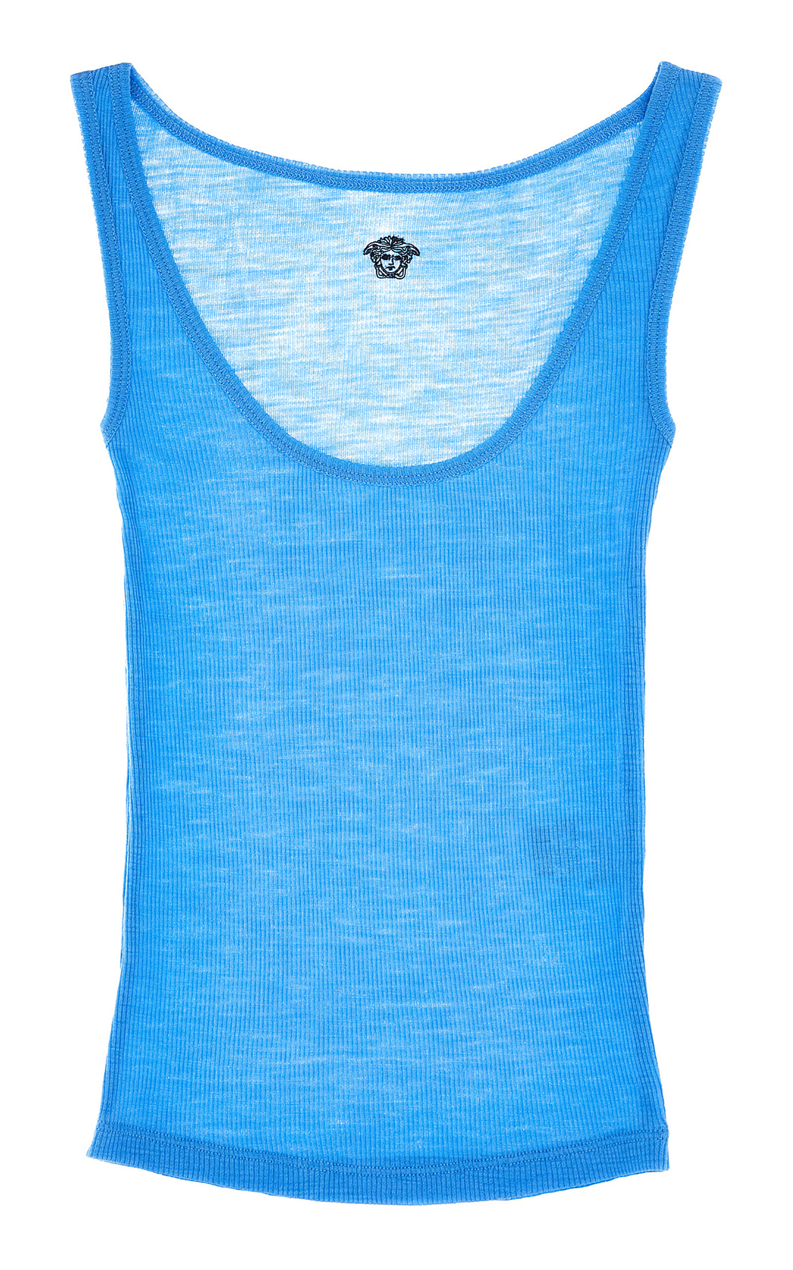 Versace Embroidered Ribbed Wool Tank Top In Blue