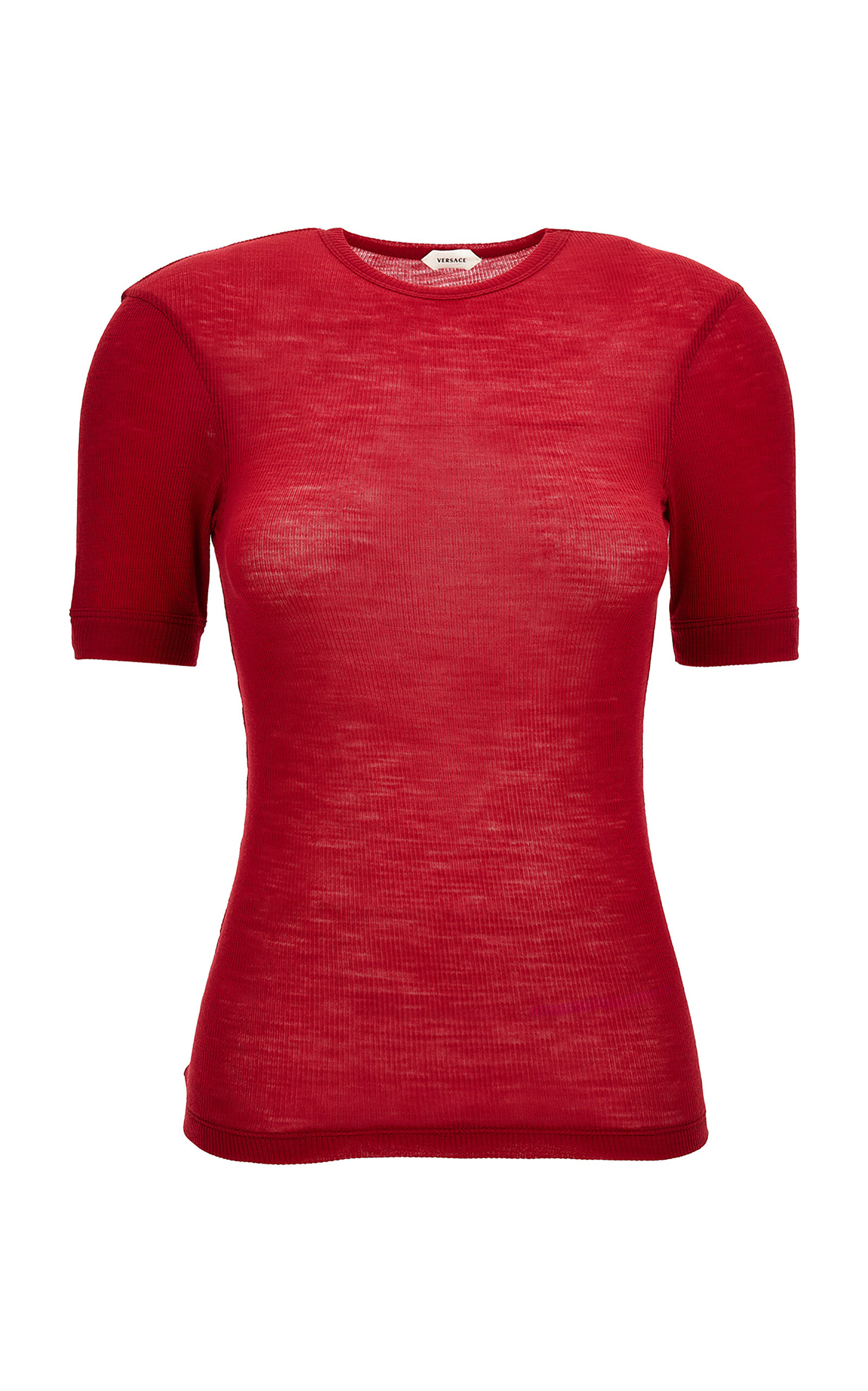 Versace Embroidered Ribbed Wool T-shirt In Red