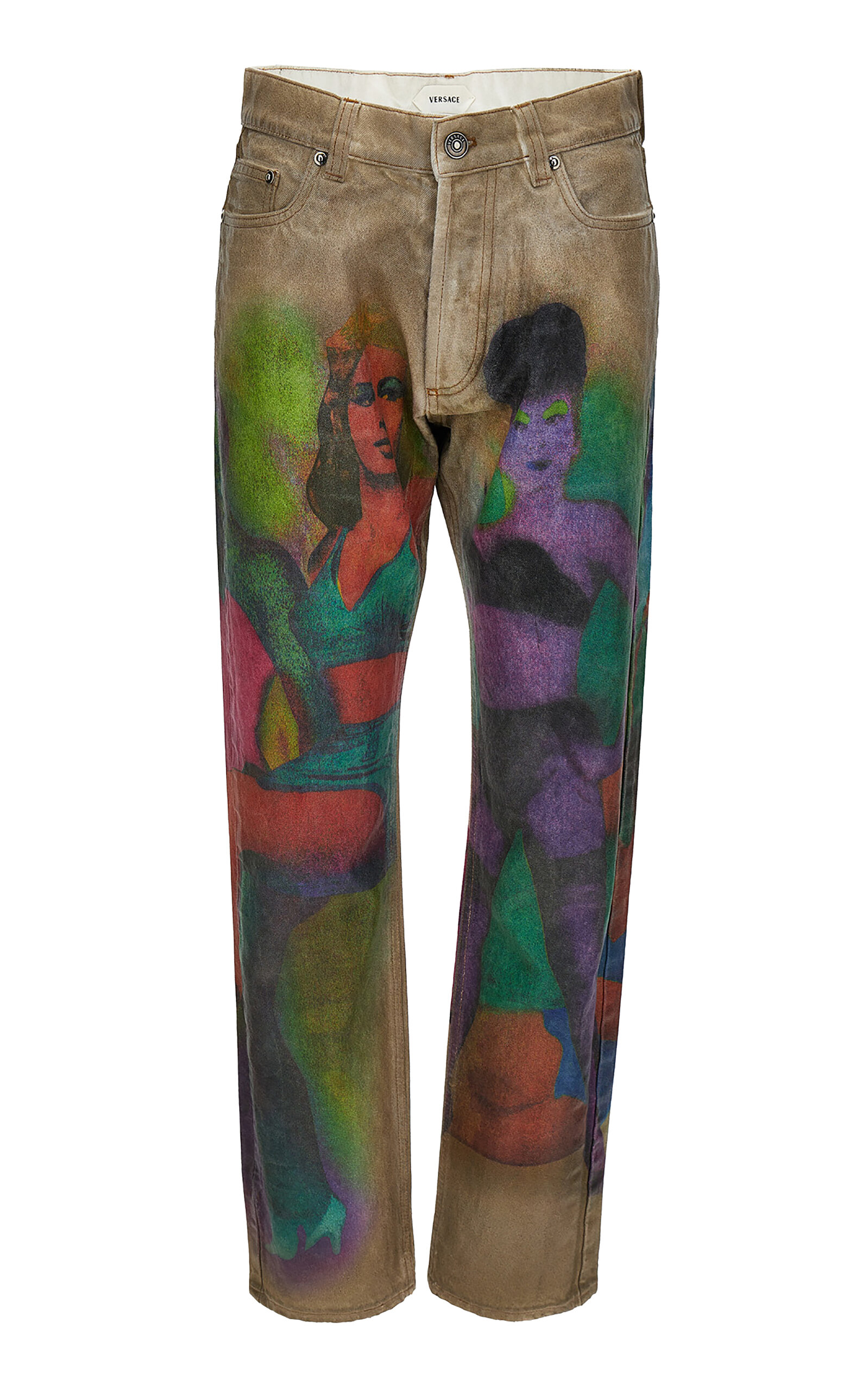 Versace Printed Denim Straight-leg Pants In Multi