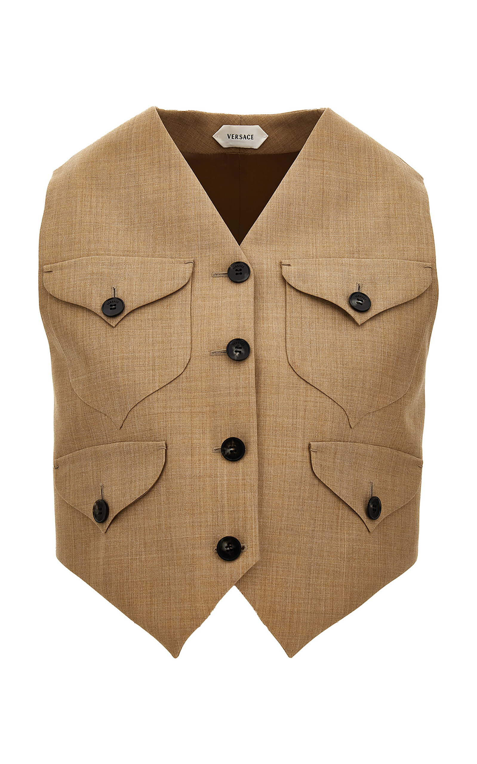 Versace Single-breasted Dry-hand Wool Vest In Brown