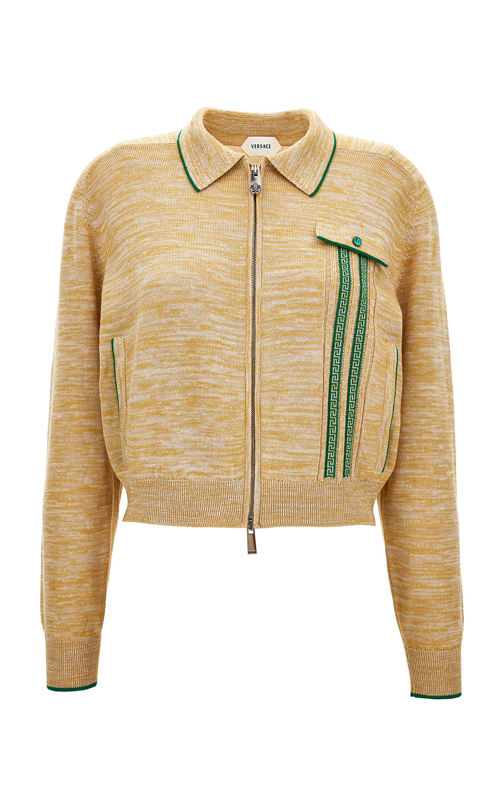 Versace Greek-detailed Wool-blend Mouliné Sweater In Neutral
