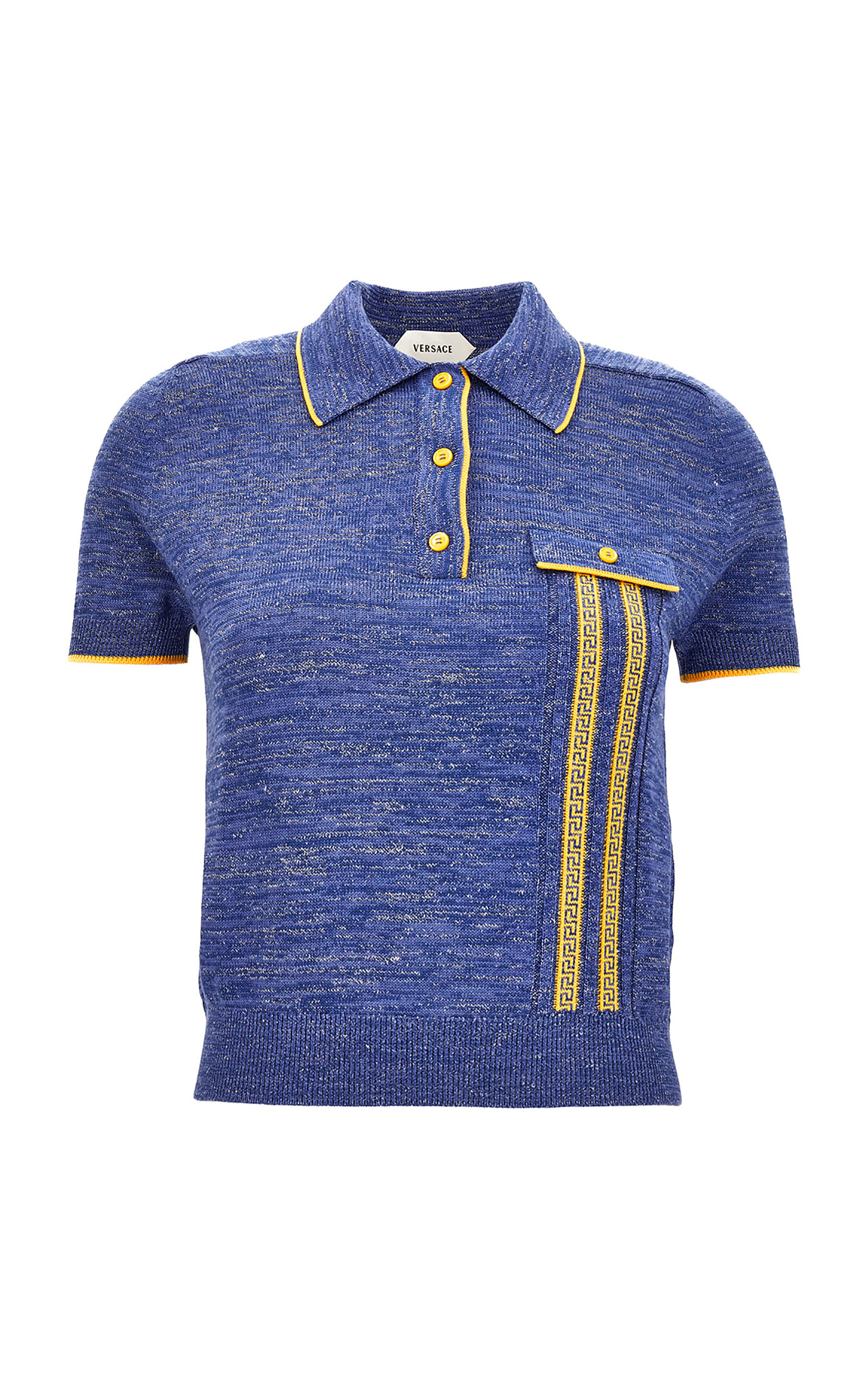Versace Greek-detailed Wool-blend Mouliné Polo Sweater In Blue