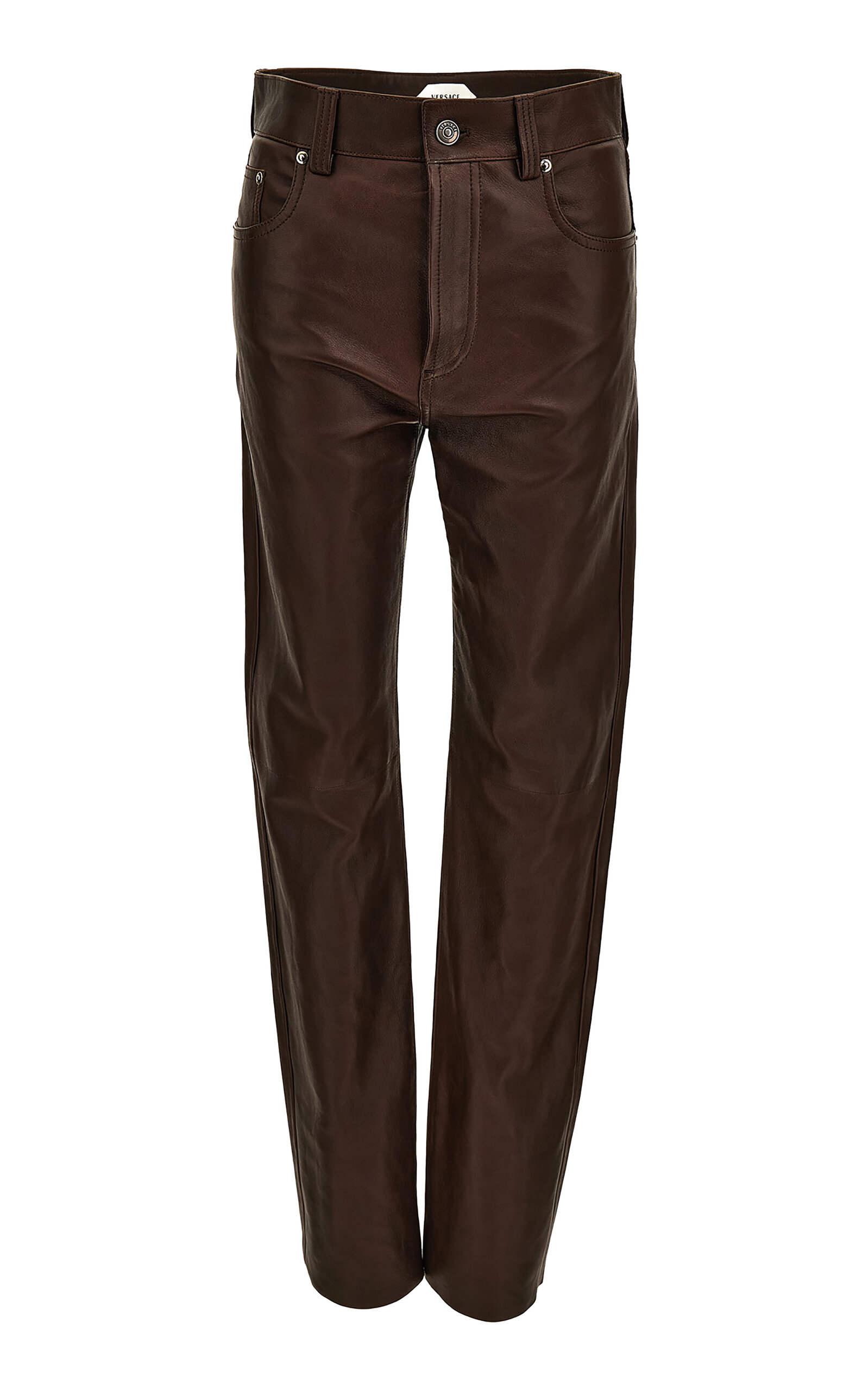 Versace Embossed Plonge-leather Straight-leg Pants In Brown