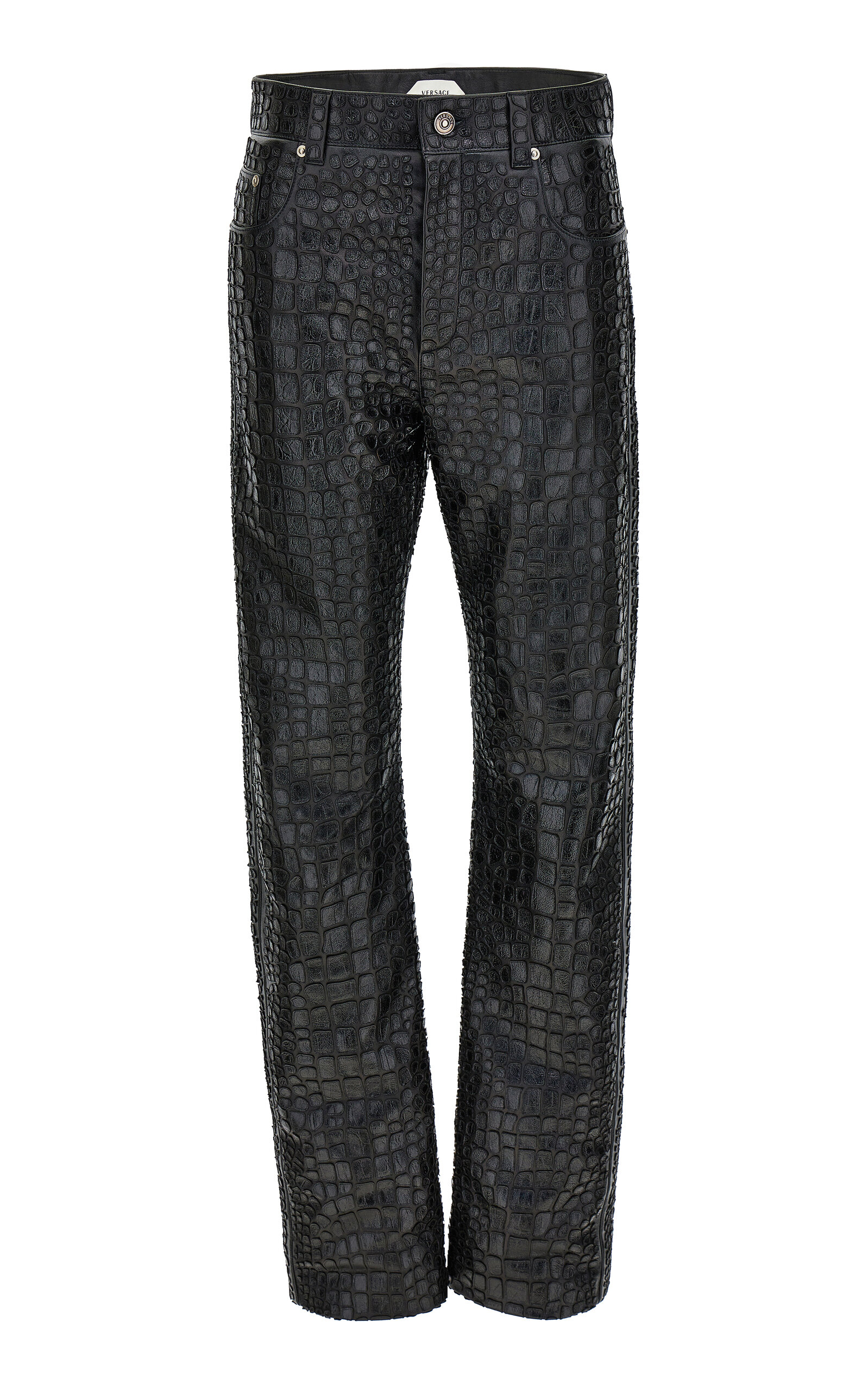 Versace Crocodile-effect Plonge Nappa-leather Straight-leg Pants In Black