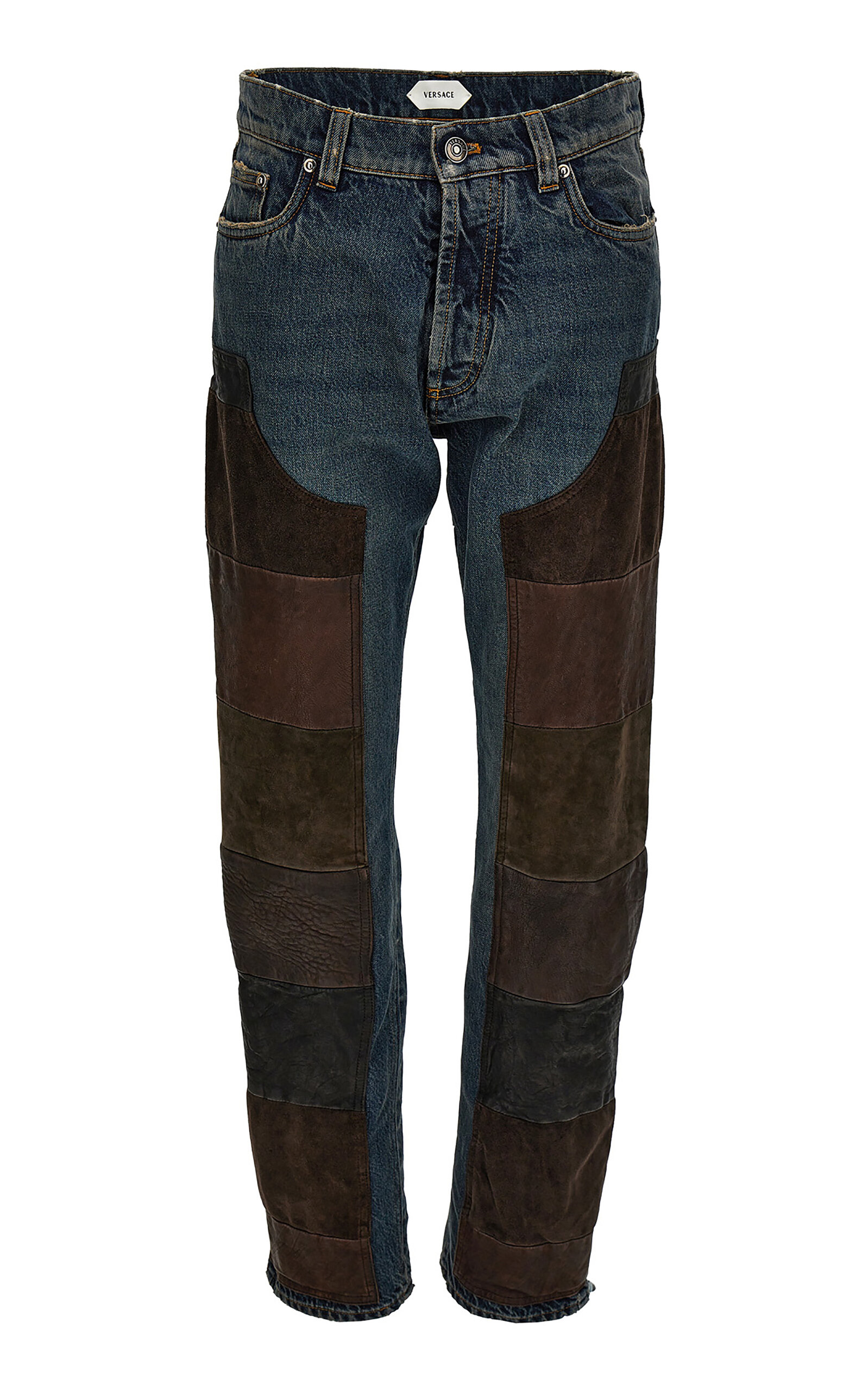 Versace Leather-patched Denim Straight-leg Pants In Multi