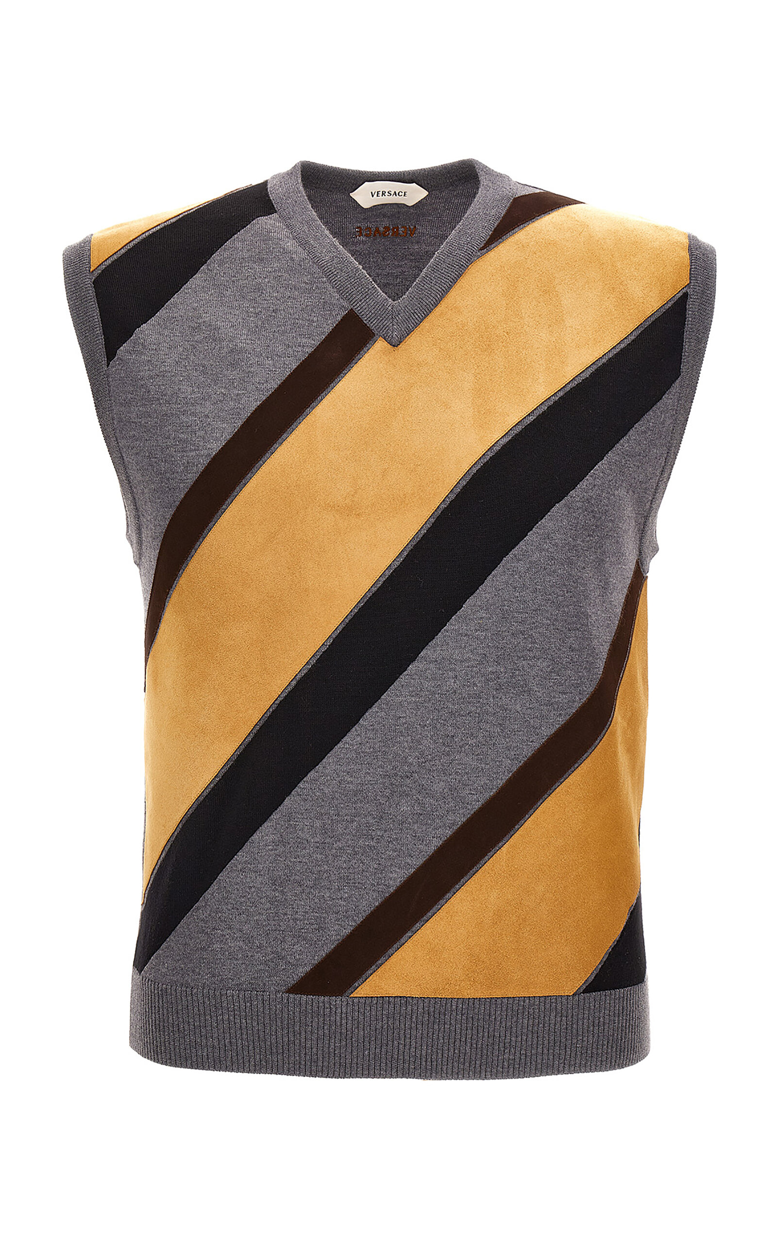 Versace Striped Knit Suede Sweater Vest In Multi