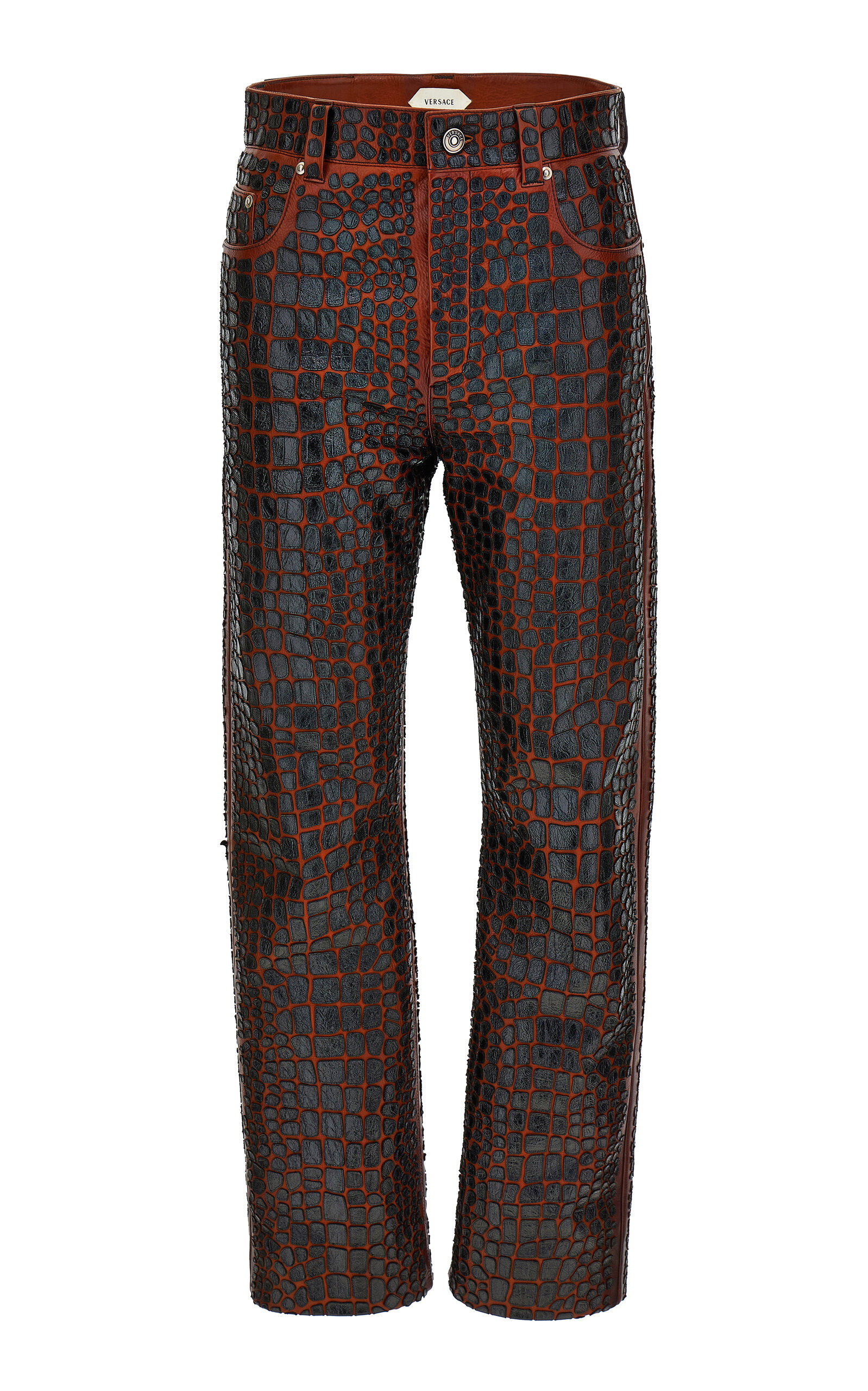 Versace Crocodile-effect Plonge Nappa-leather Straight-leg Pants In Brown