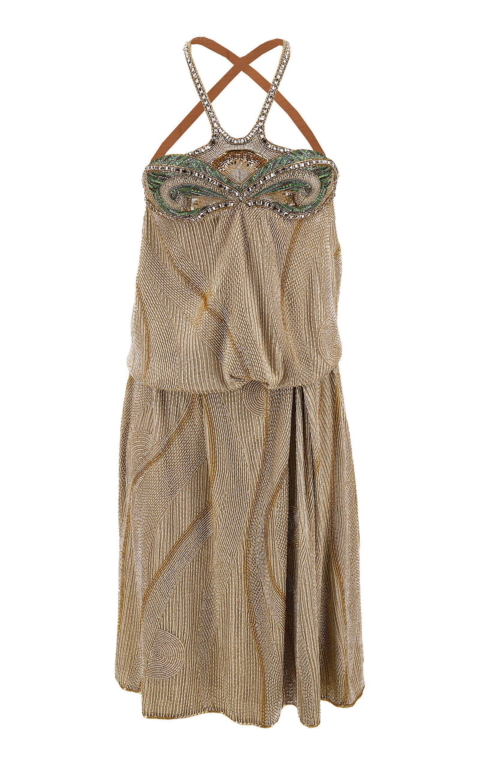 Versace Embroidered Lurex Crepe De Chine Halter Midi Dress In Silver