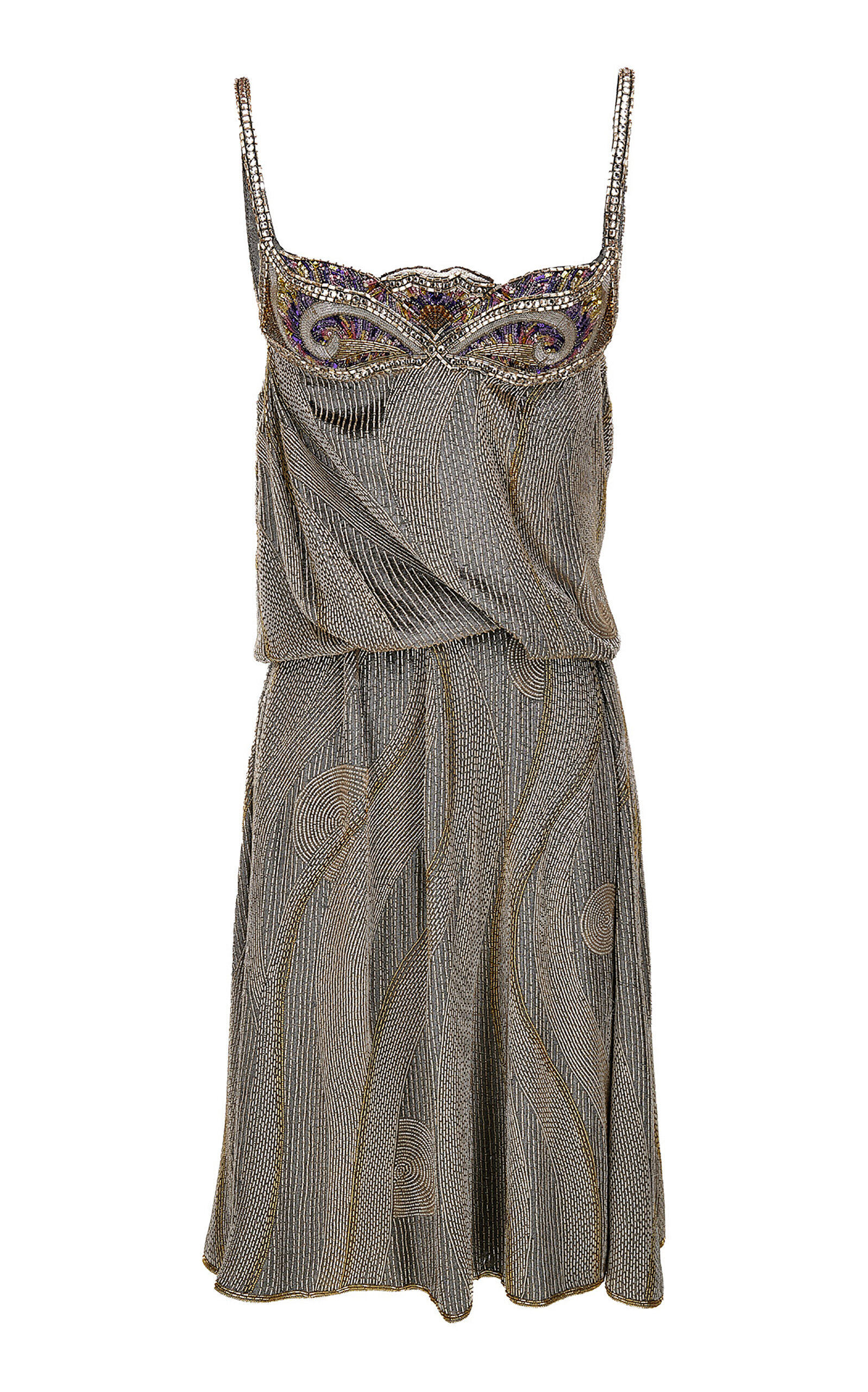 Versace Embroidered Lurex Crepe De Chine Midi Dress In Silver