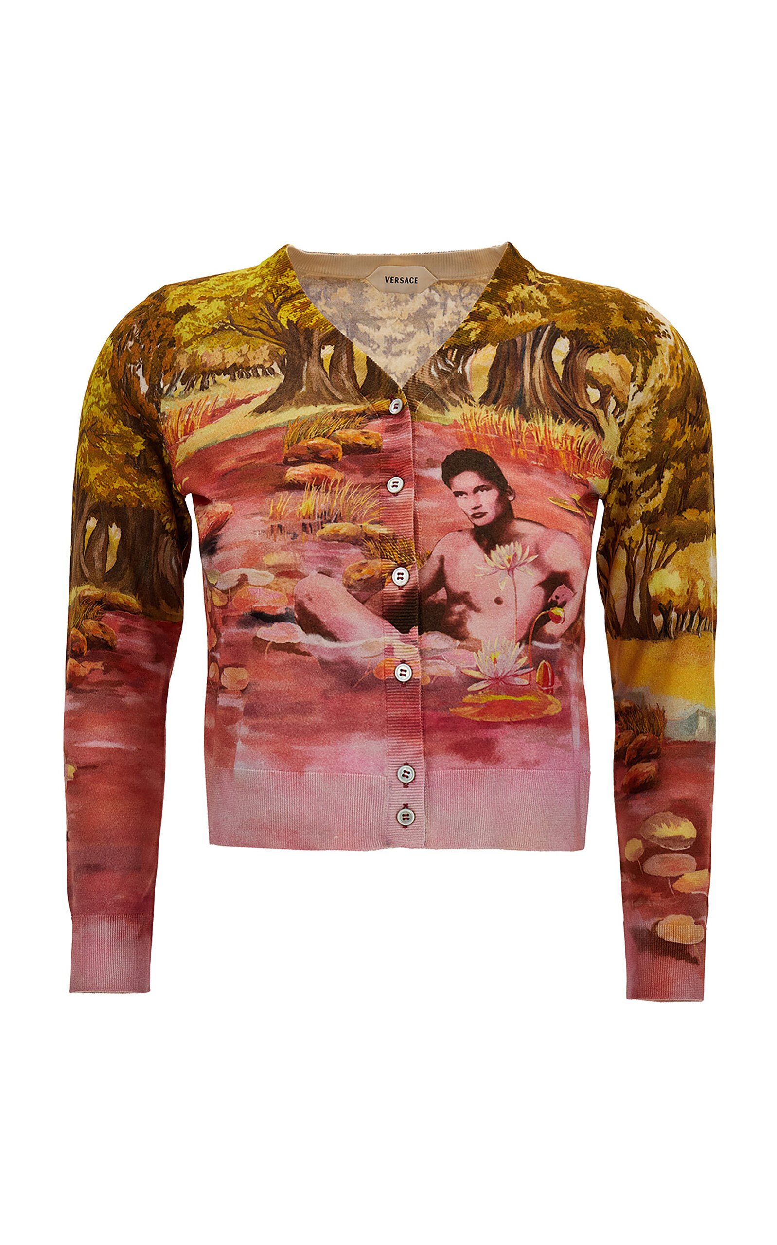 Versace Printed Knit Silk Cardigan In Multi