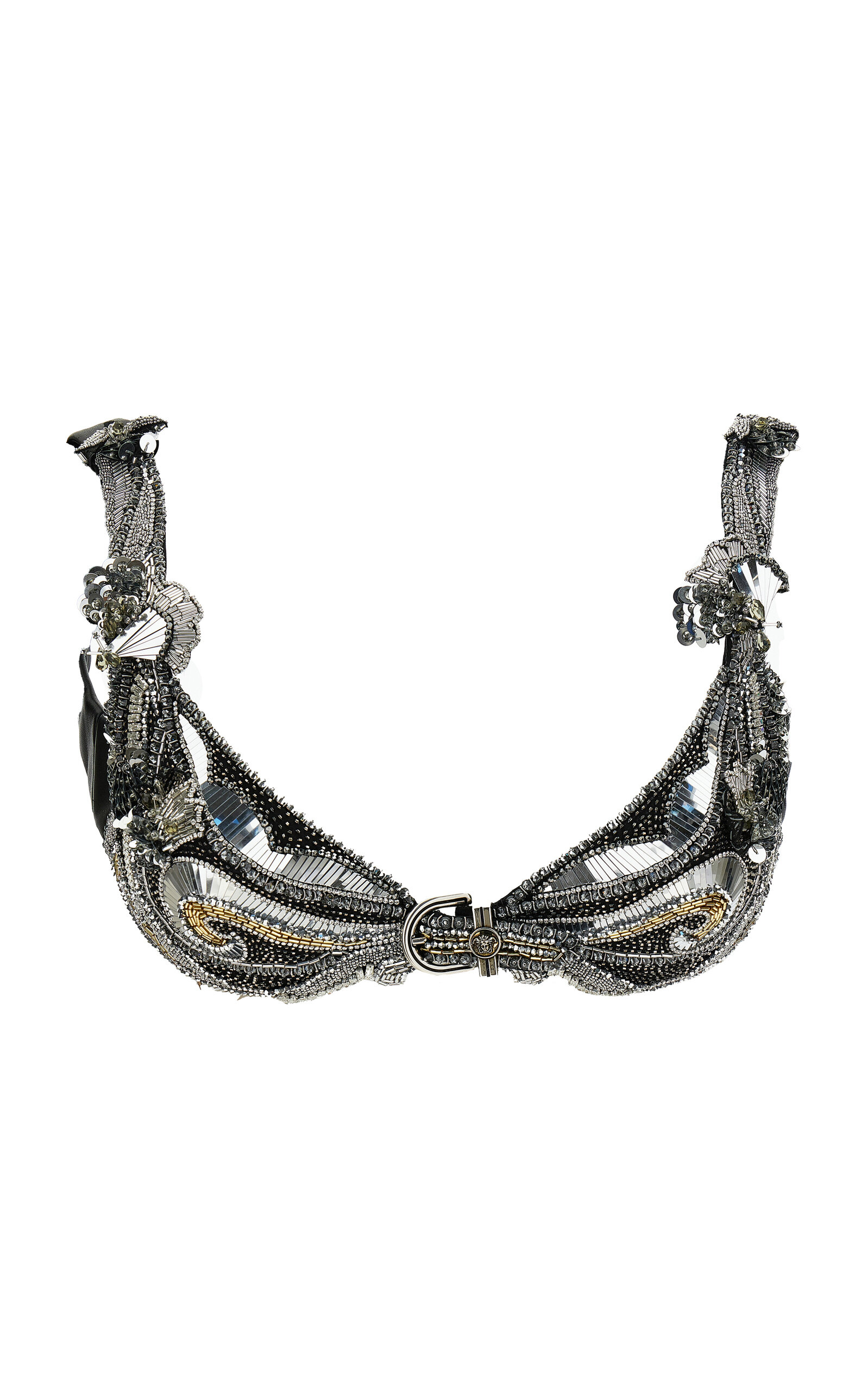 Versace Embroidered Leather Bra Top In Multi