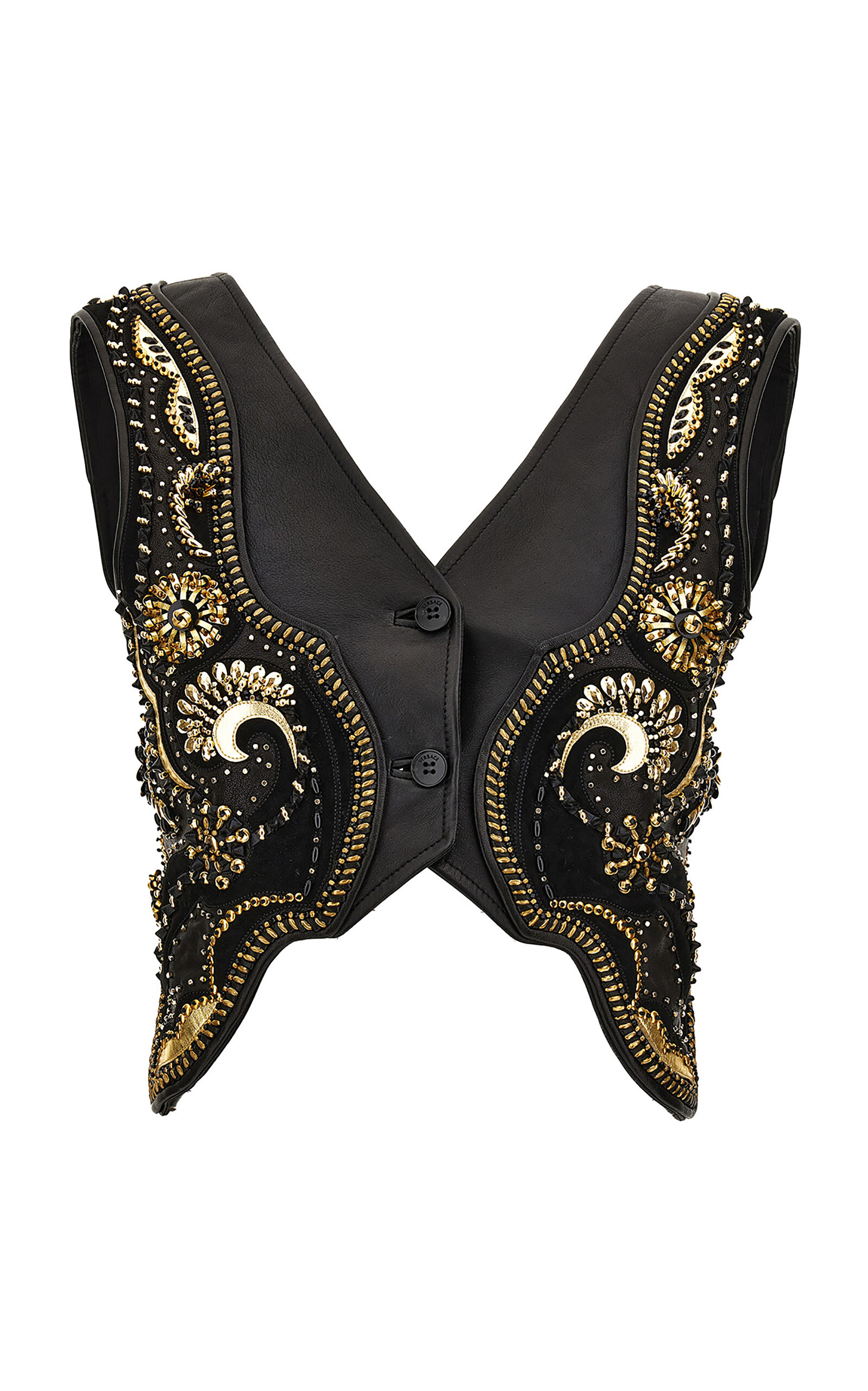 Versace Embroidered Leather Vest In Black