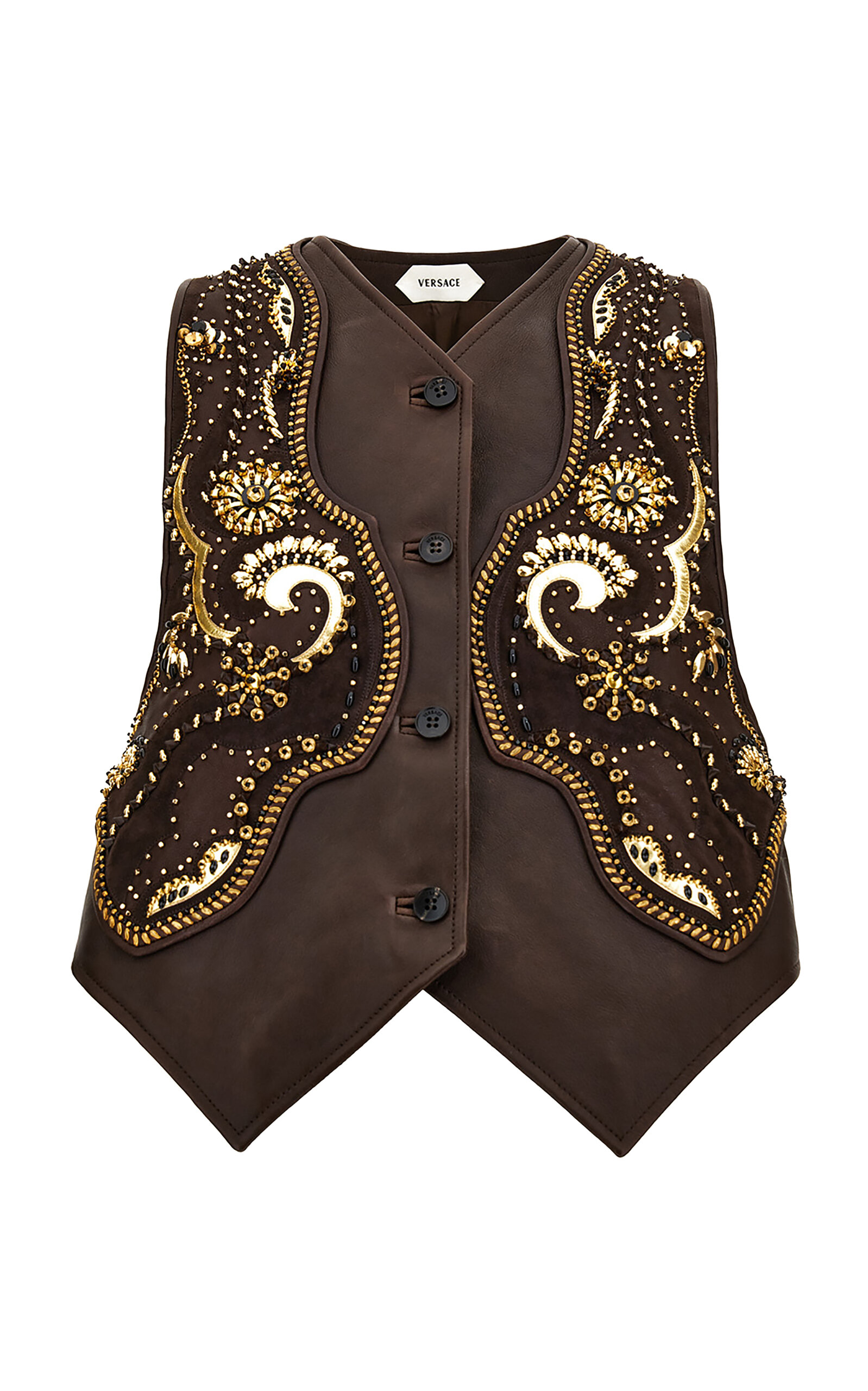 Versace Metallic-embroidered Leather Vest In Brown