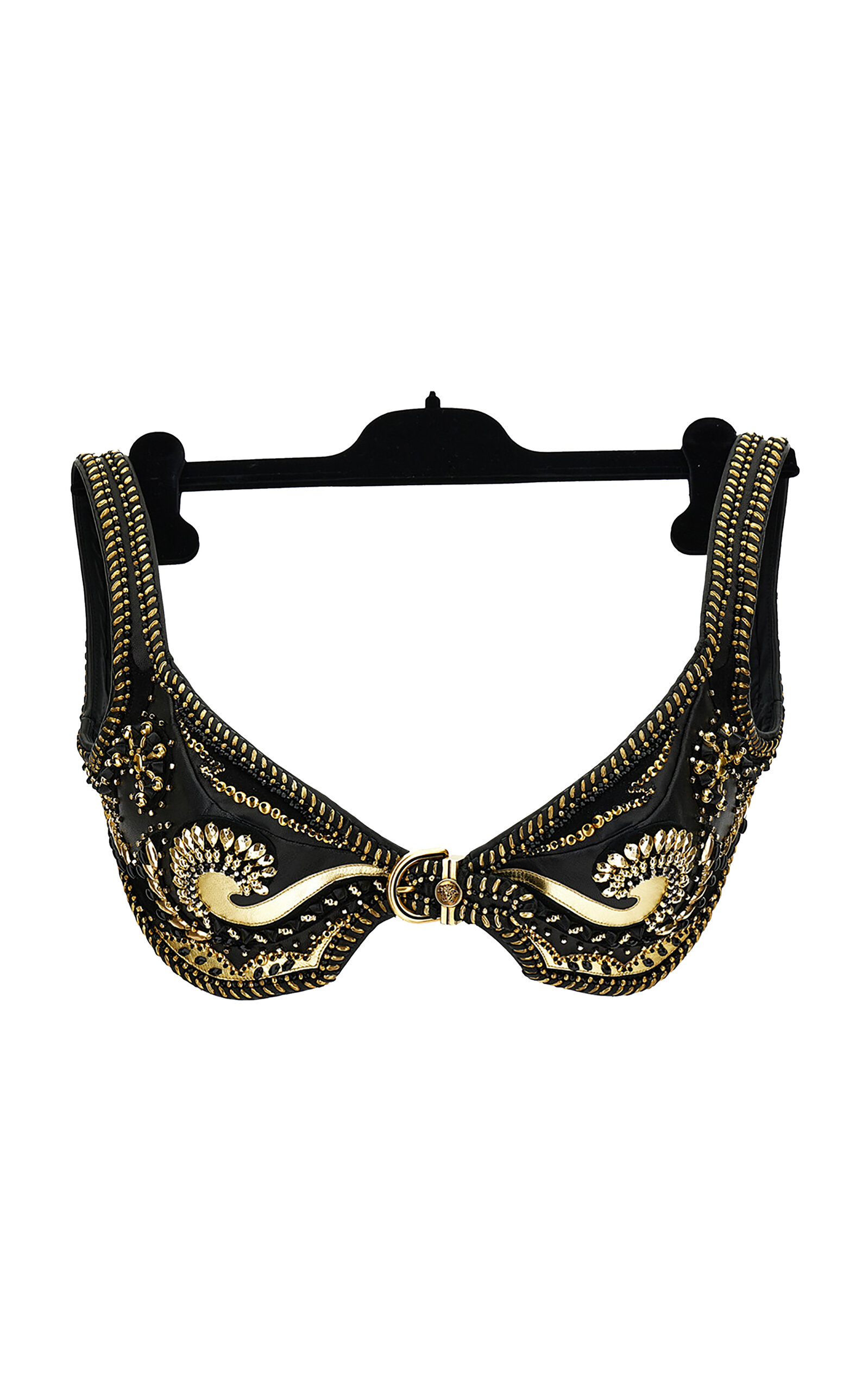 Versace Gold-embroidered Leather Bra Top In Black
