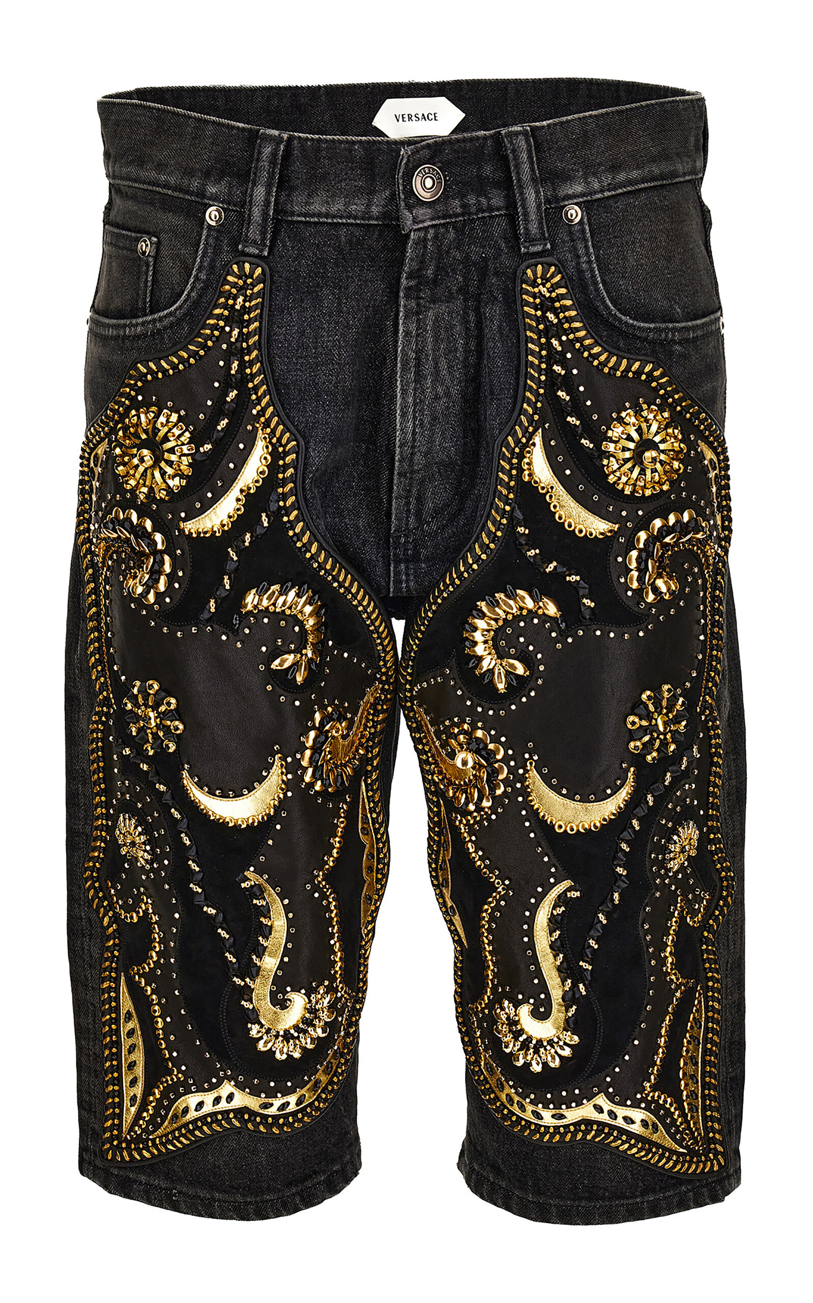 Versace Embroidered Denim Bermuda Pants In Multi