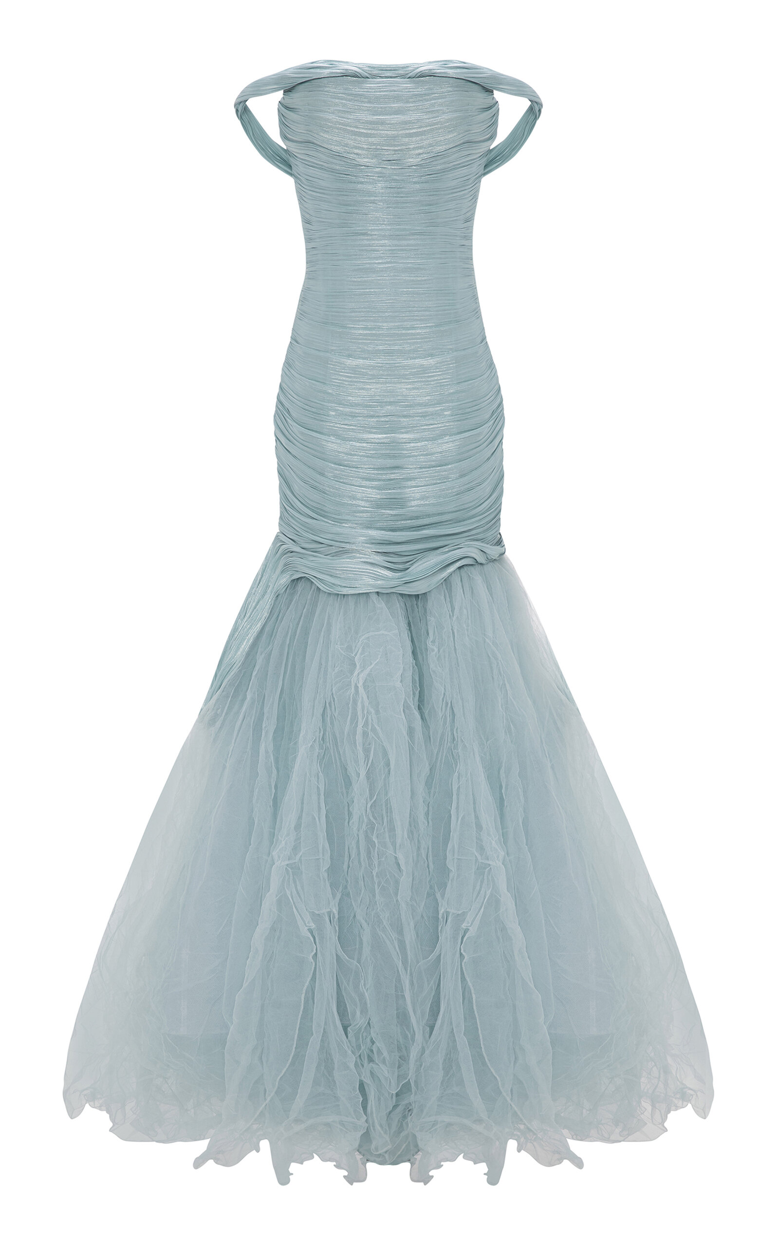 Marmar Halim Ruched Tulle Mermaid Gown In Blue