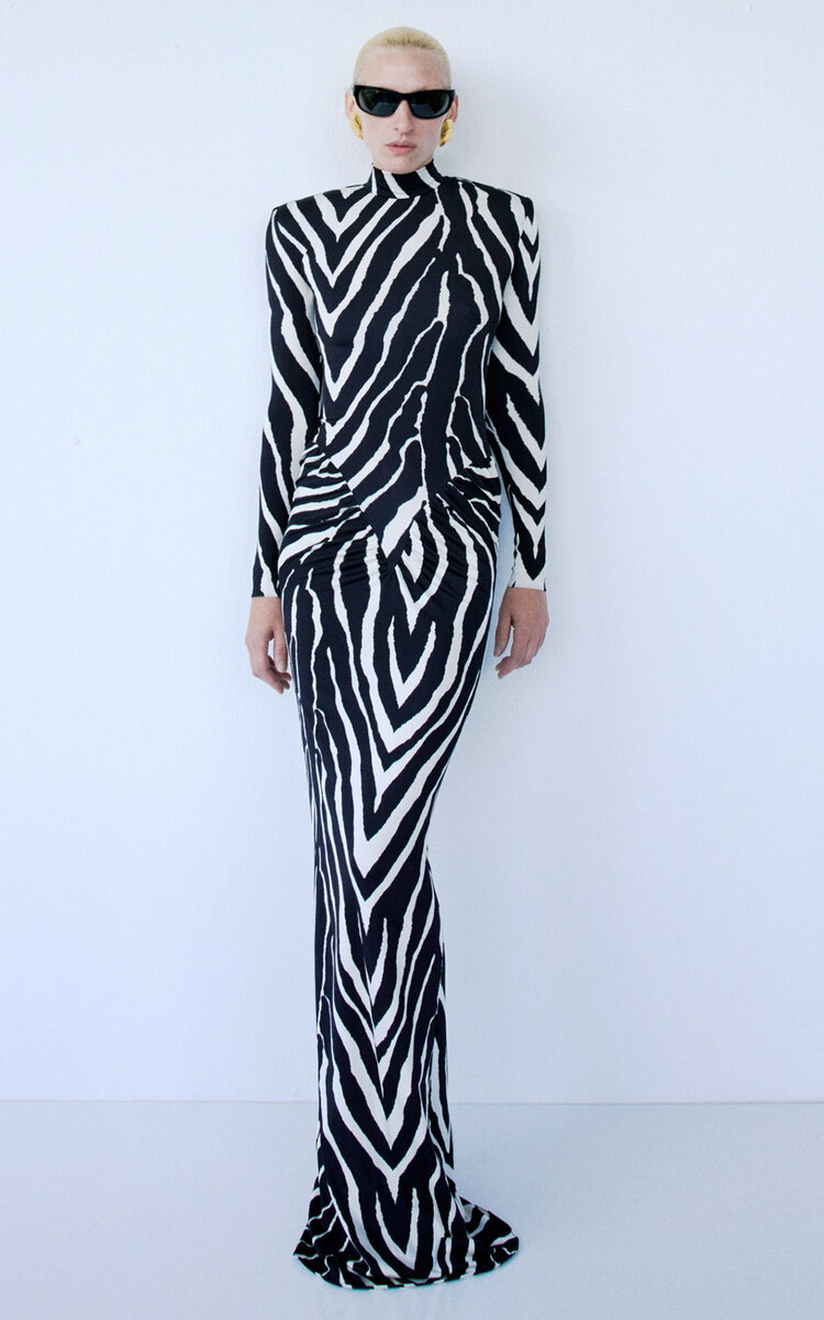 The New Arrivals Ilkyaz Ozel Darja Printed Ruched Evening Gown In Black
