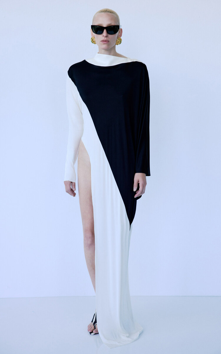 The New Arrivals Ilkyaz Ozel Tina Two-toned Aysmmetric Gown In Multi