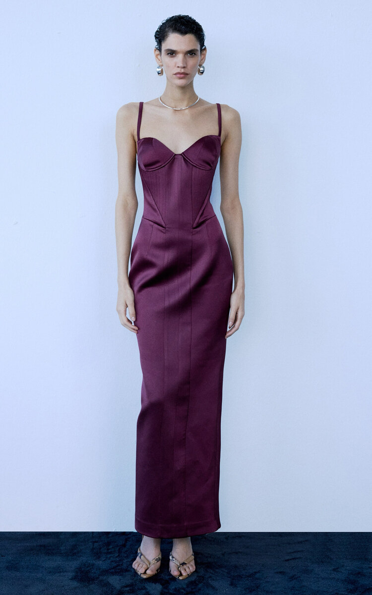 The New Arrivals Ilkyaz Ozel Yasmeen Corset Midi Dress In Burgundy