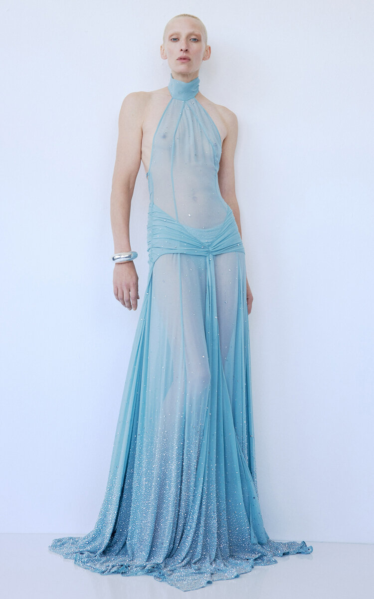The New Arrivals Ilkyaz Ozel Halo Sheer Silk Gown In Blue