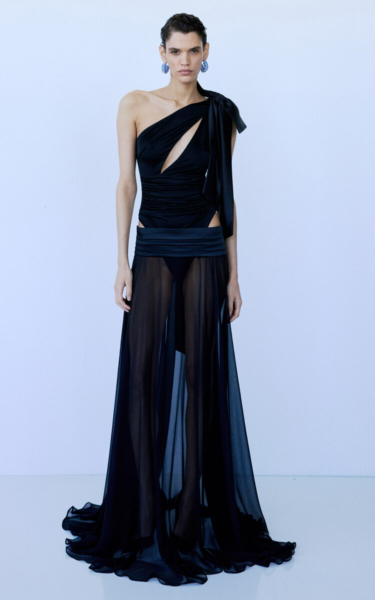 The New Arrivals Ilkyaz Ozel Vivi Semi-sheer Chiffon Gown In Blue