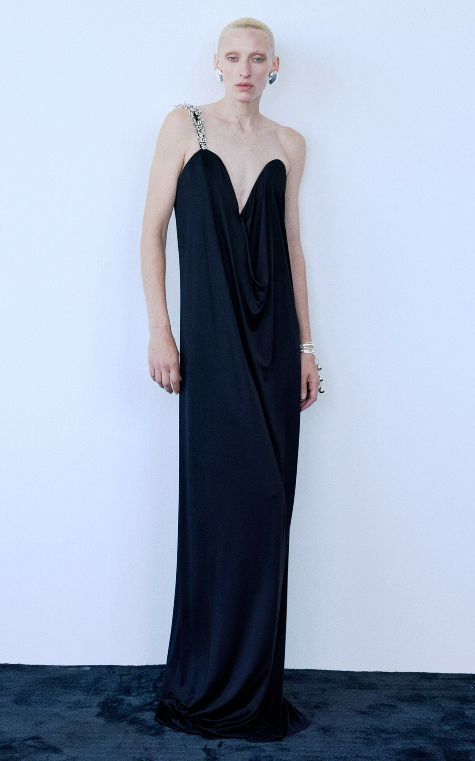 The New Arrivals Ilkyaz Ozel Rodin Draped Satin-finished Gown In Black