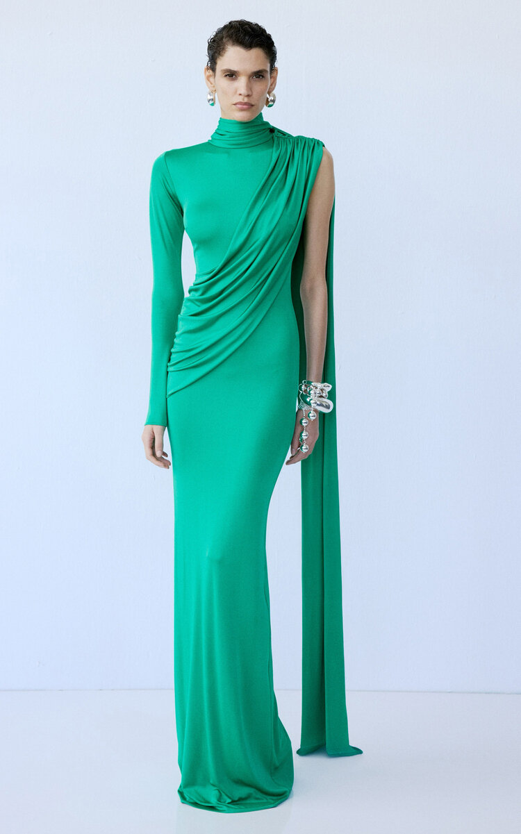 The New Arrivals Ilkyaz Ozel Aya Draped Satin-finished Gown In Green