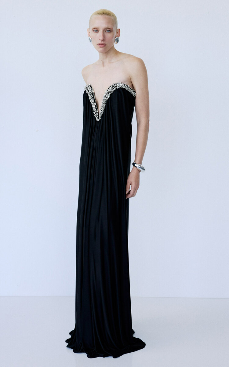 The New Arrivals Ilkyaz Ozel Olivienne Embellished Draped Evening Gown In Black