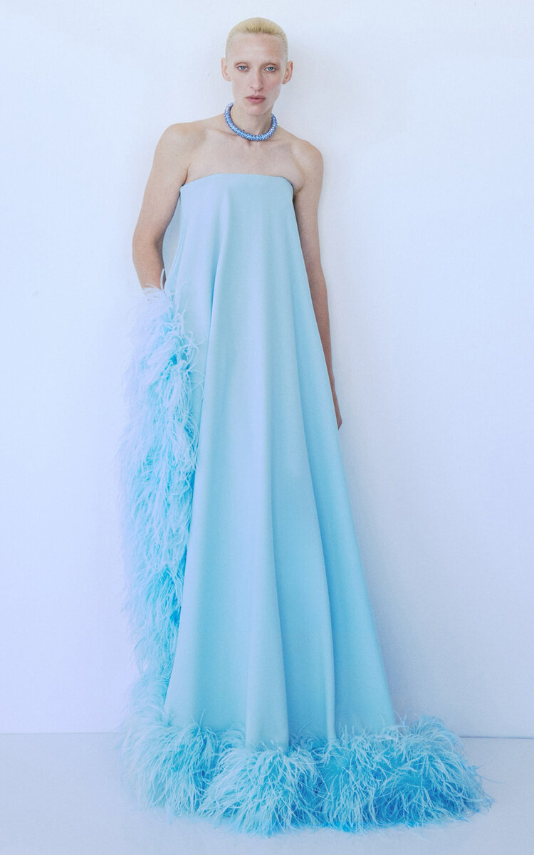 The New Arrivals Ilkyaz Ozel Swan Feather-trimmed A-line Gown In Blue