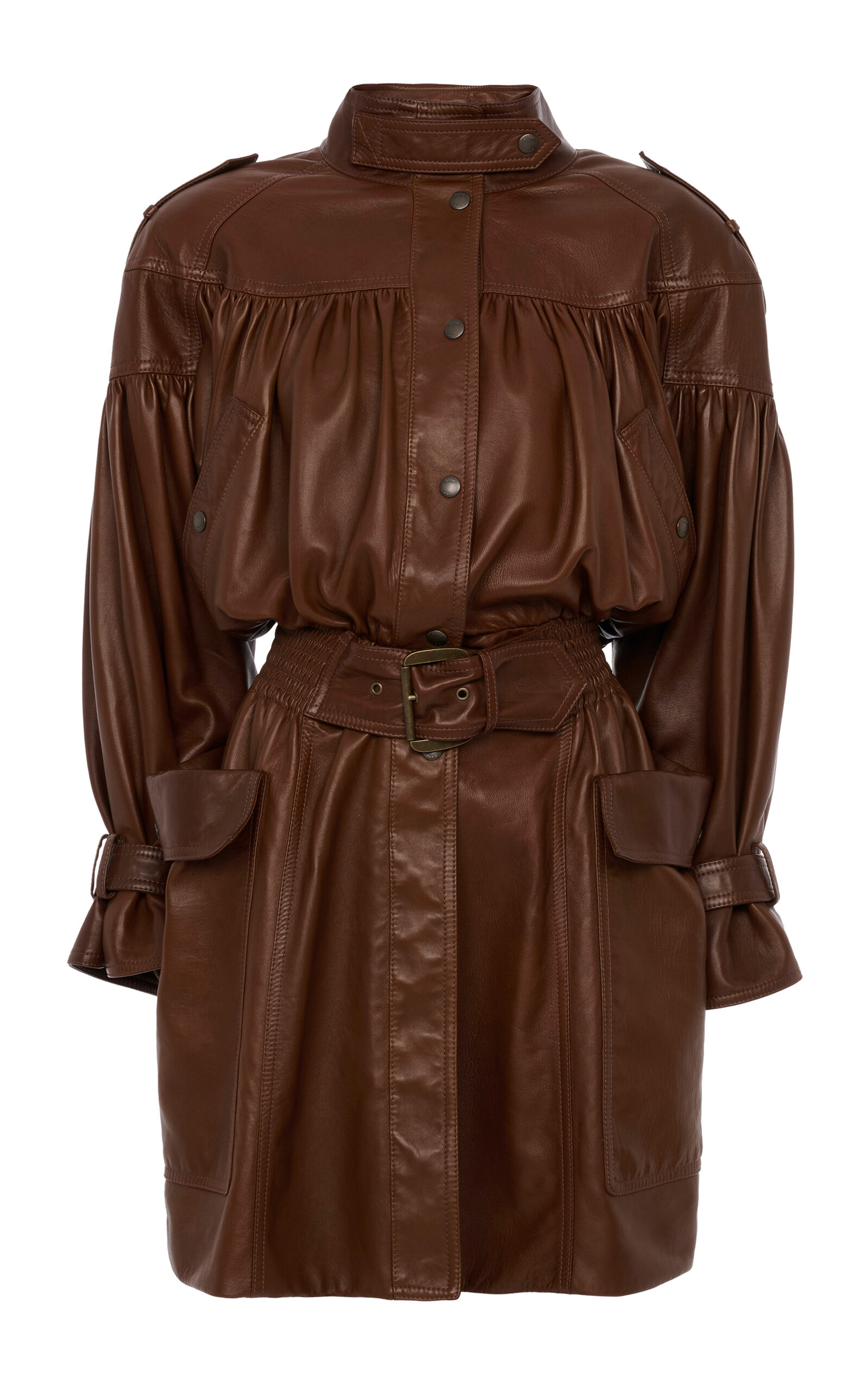 Chloé Belted Leather Coat In Brown