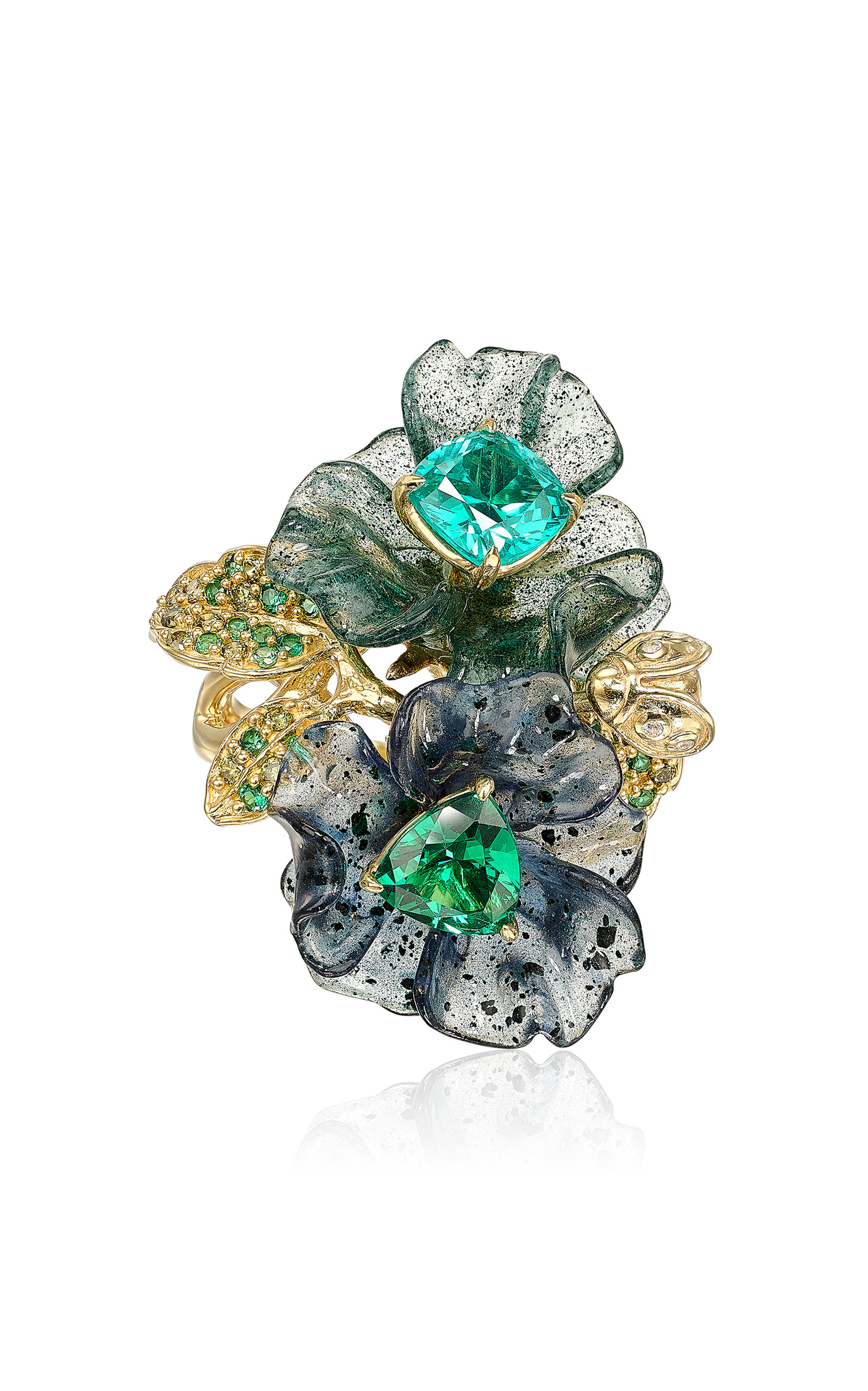 Anabela Chan 18K Yellow Gold Vermeil Flower and Spirulina Garden Ring - Green - Only At Moda Operandi