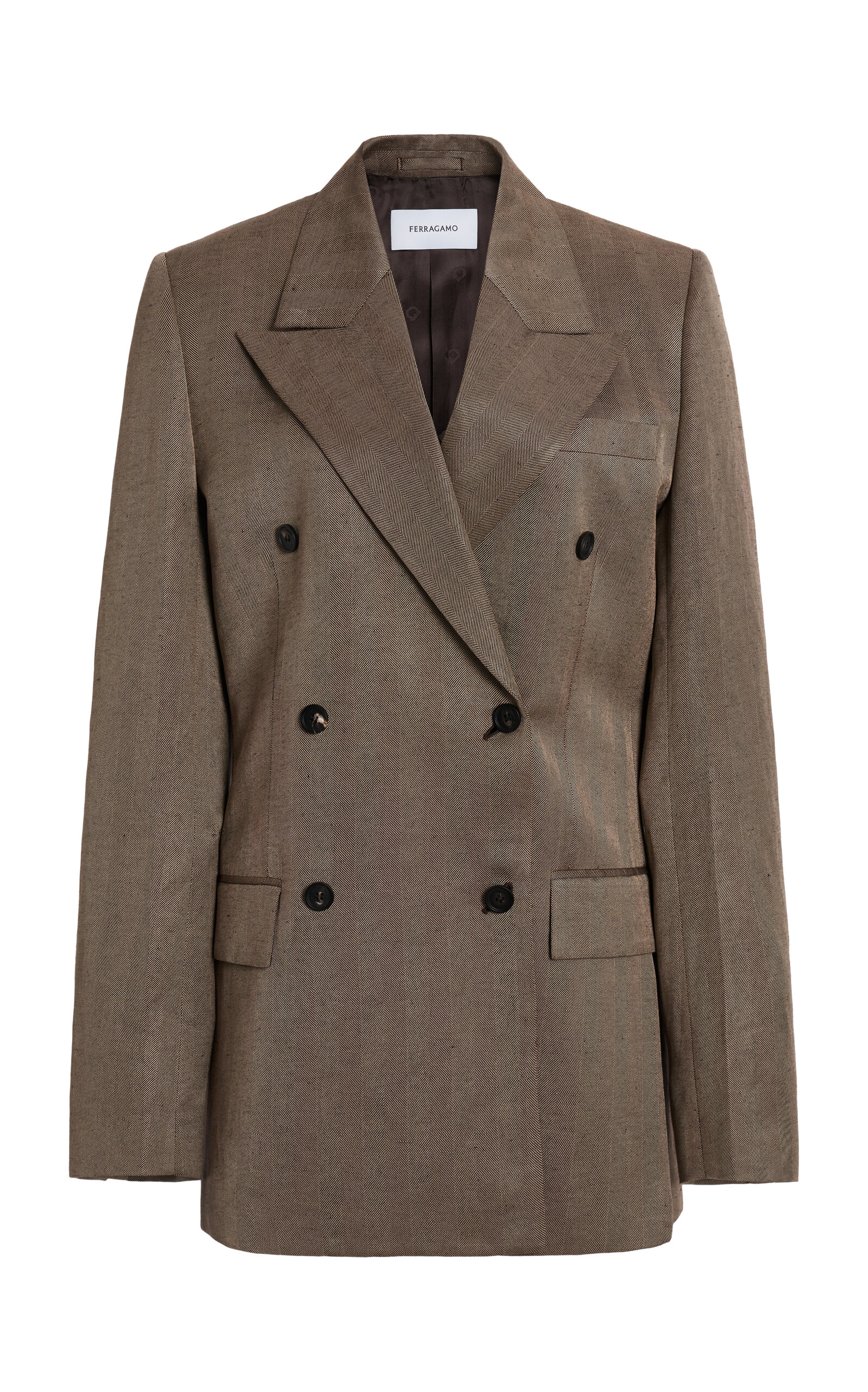 Ferragamo Linen-blend Double-breasted Jacket In Brown