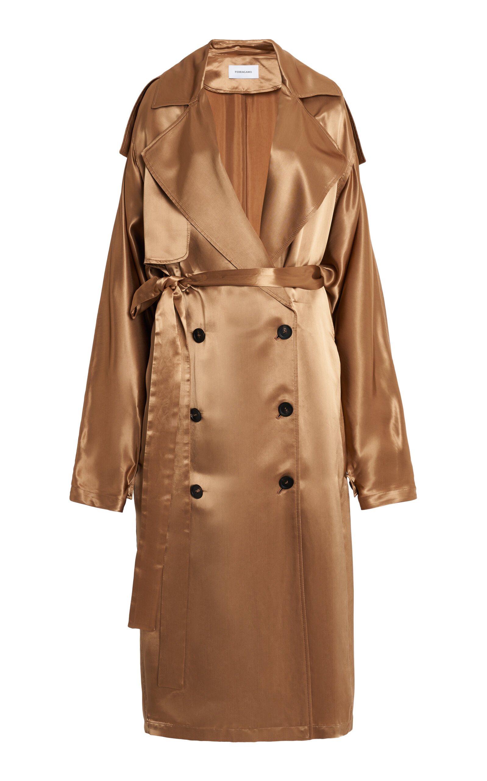 Ferragamo Satin-blend Fringe Trench Coat In Brown