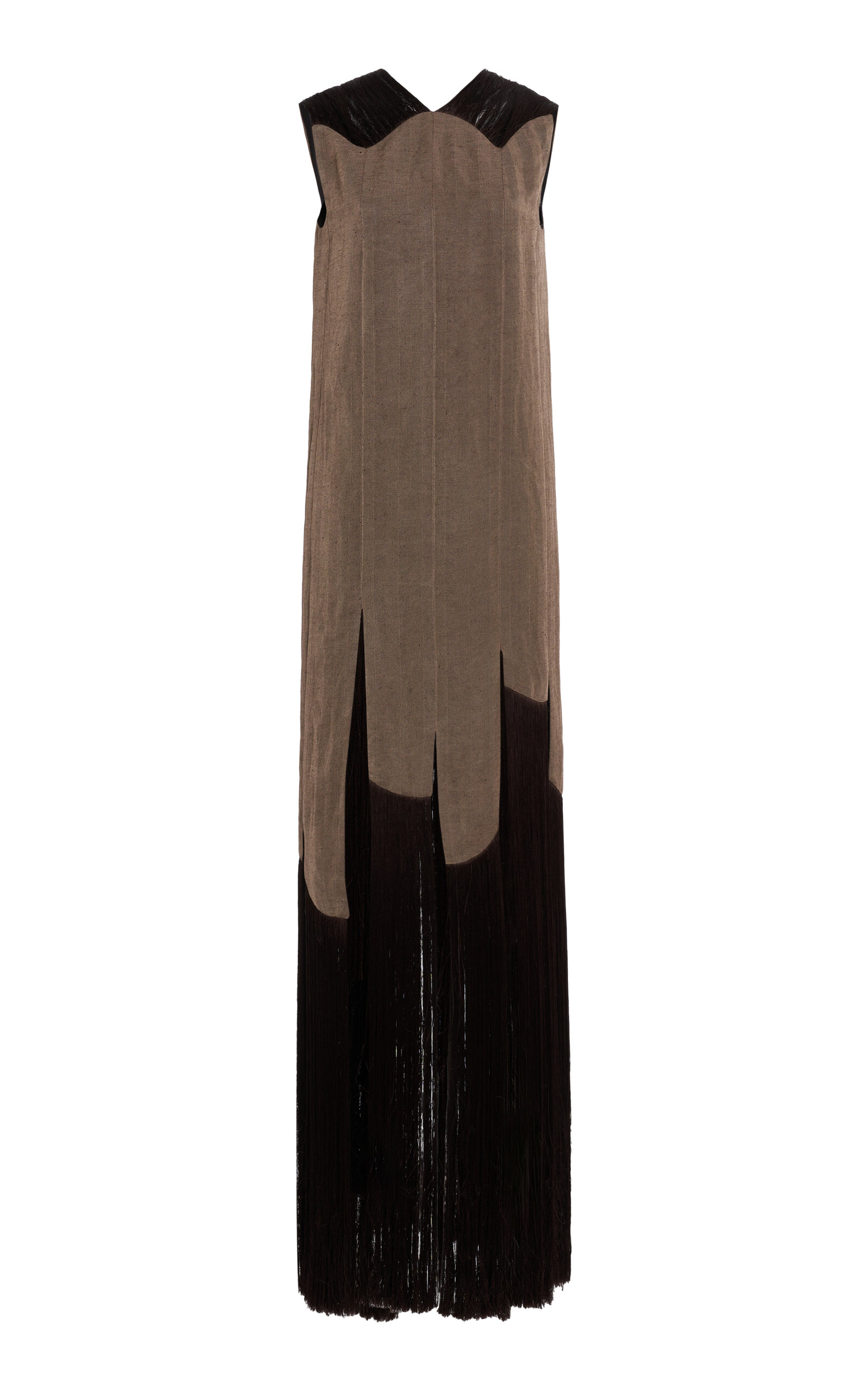 Ferragamo Fringed Linen-blend Long Dress In Brown