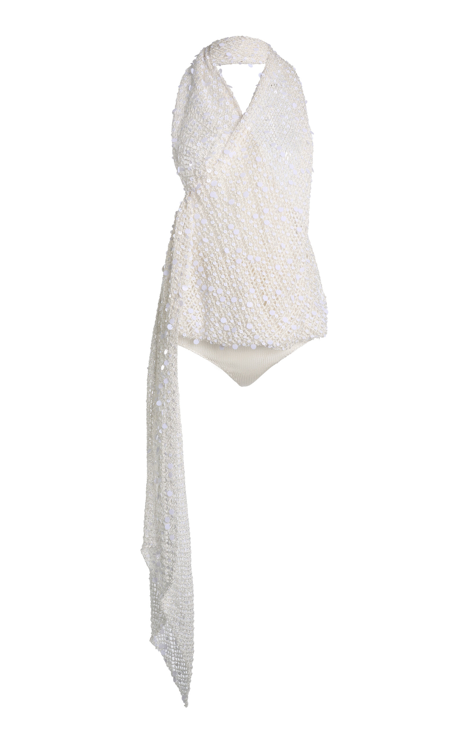 Coperni Draped Sequin Crochet Bodysuit In White