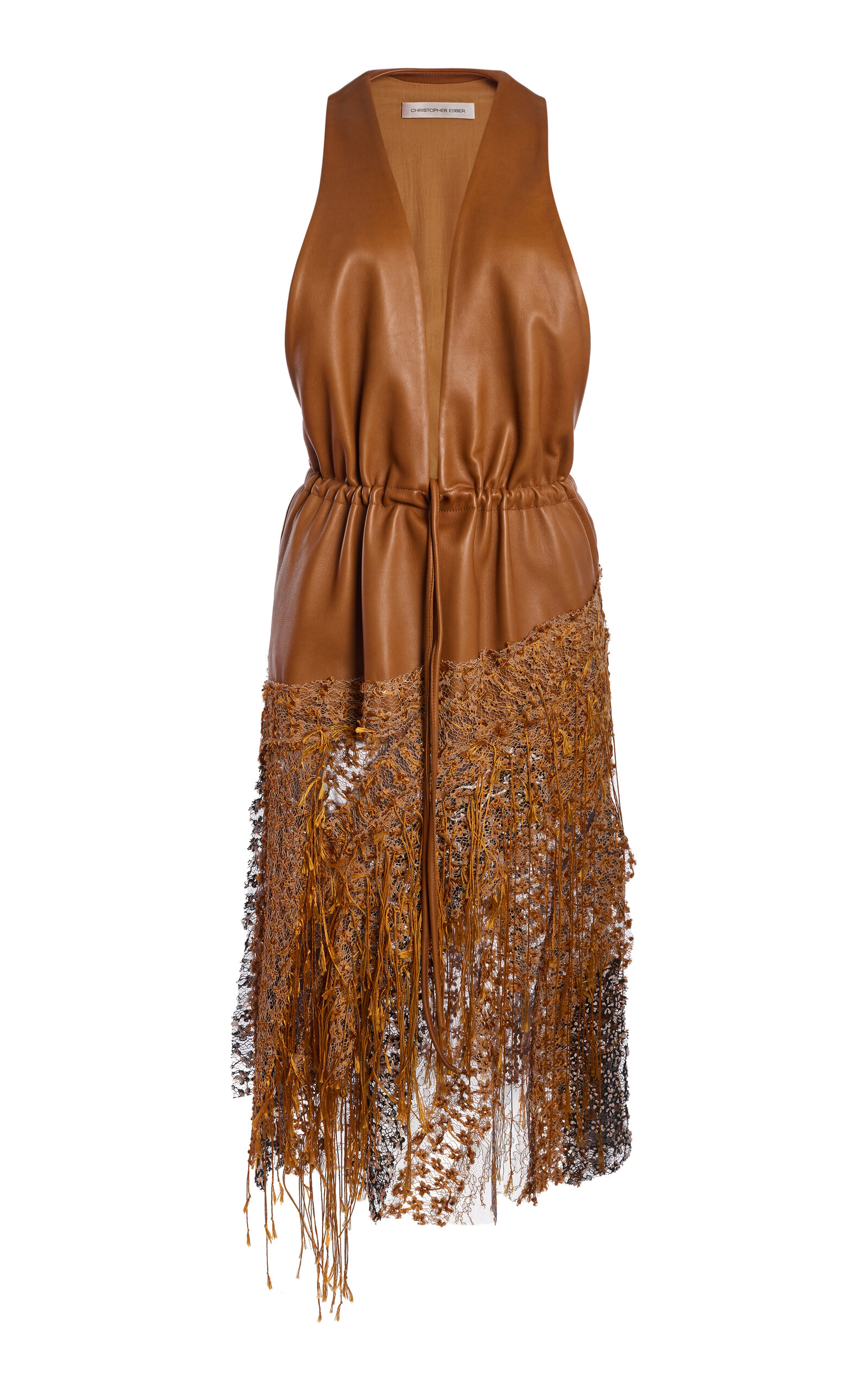 Christopher Esber Patchwork Leather-lace Midi Dress In Brown