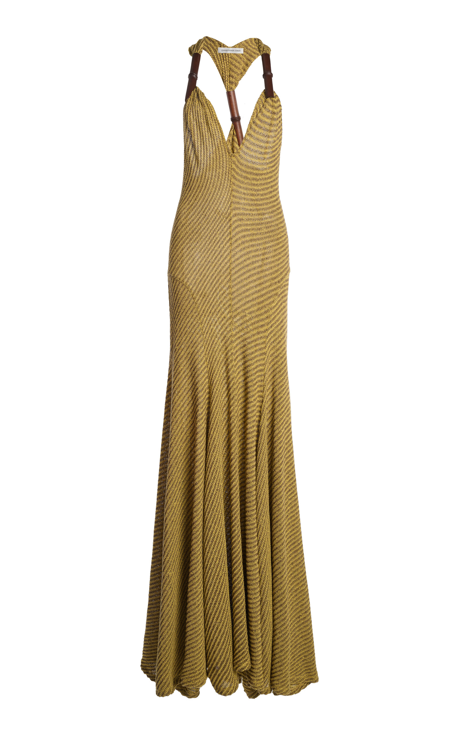 Christopher Esber Chime Wood-detailed Chevron-knit Maxi Dress In Gold