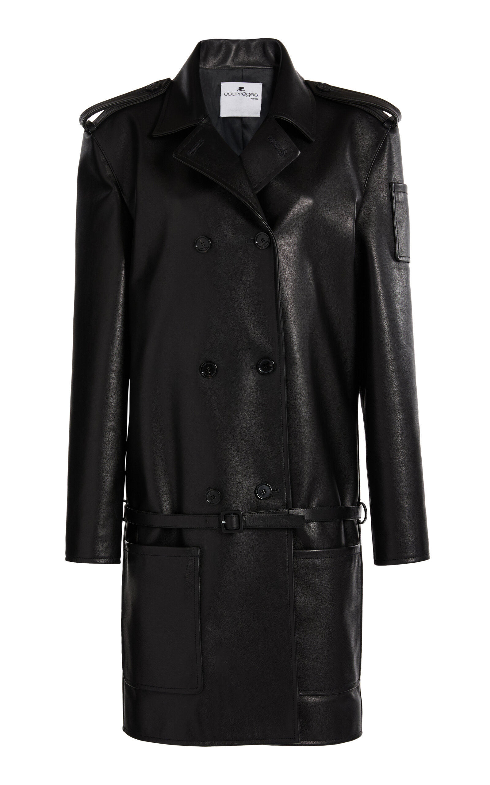 Courrèges Double-breasted Leather Coat In Black