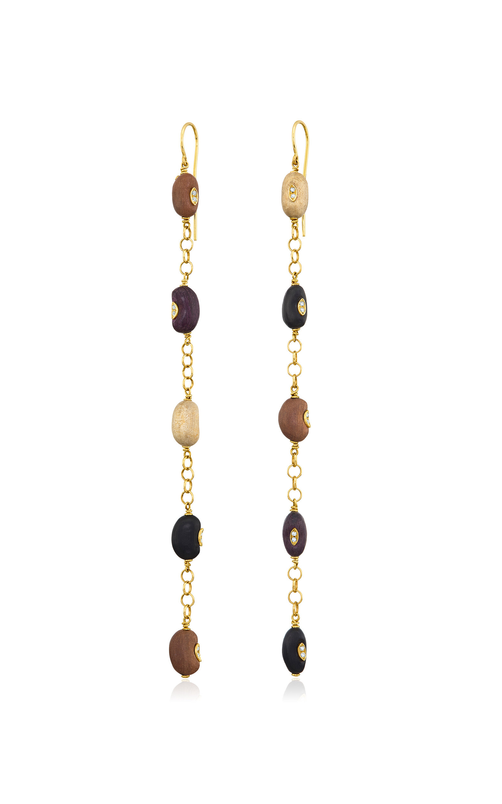 Sauer Long Magic Beans 18k Yellow Gold Wood; Diamond Earrings In Gold