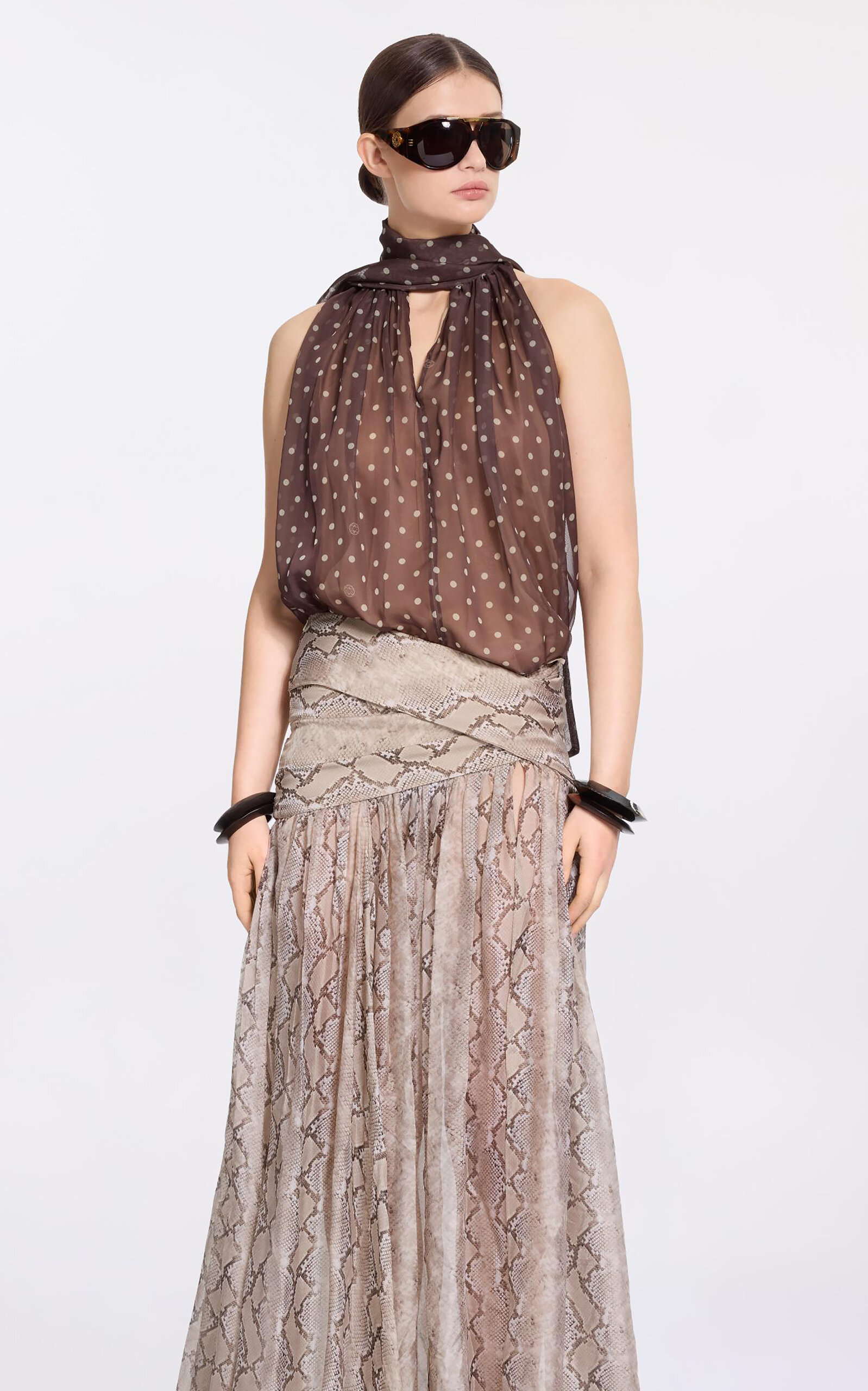 Elie Saab Polka Dots Print Chiffon Top In Brown