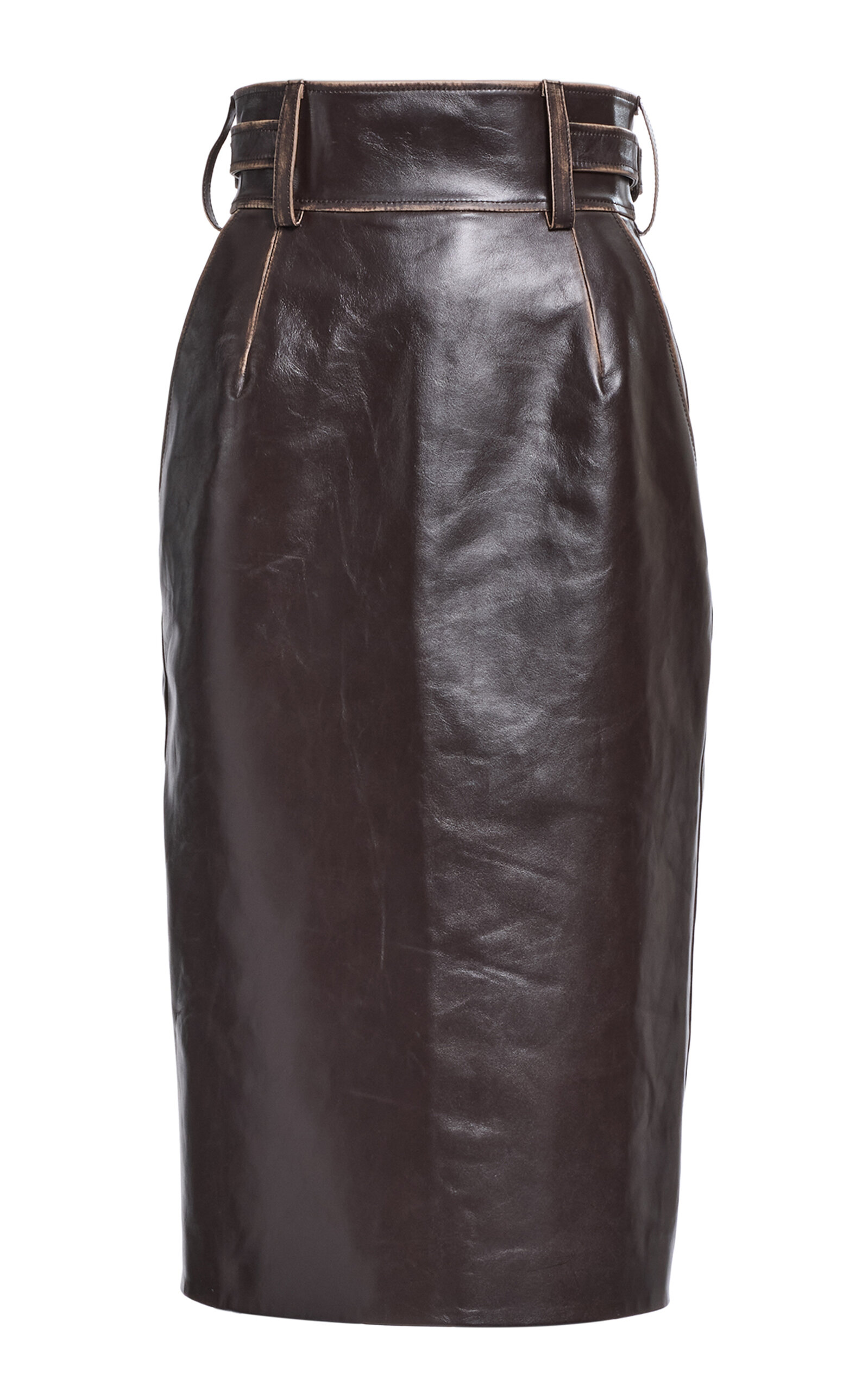 Elie Saab Leather Midi Skirt In Brown
