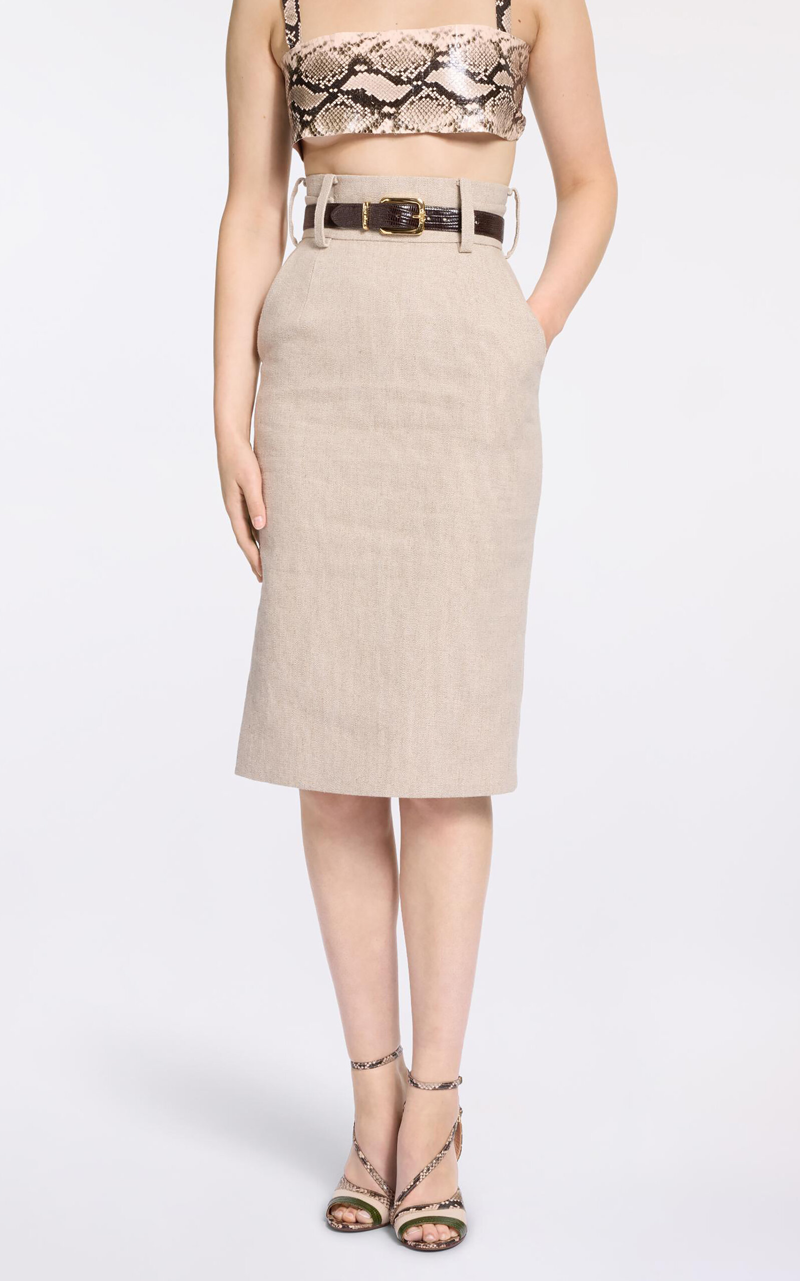Elie Saab Cotton Canvas Midi Skirt In Neutral