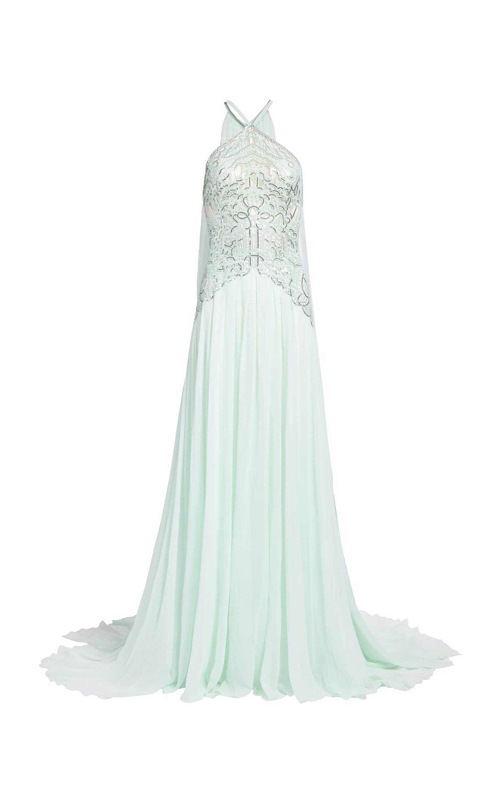 Elie Saab Sequins Embroidered Tulle And Silk Long Dress - Light Blue