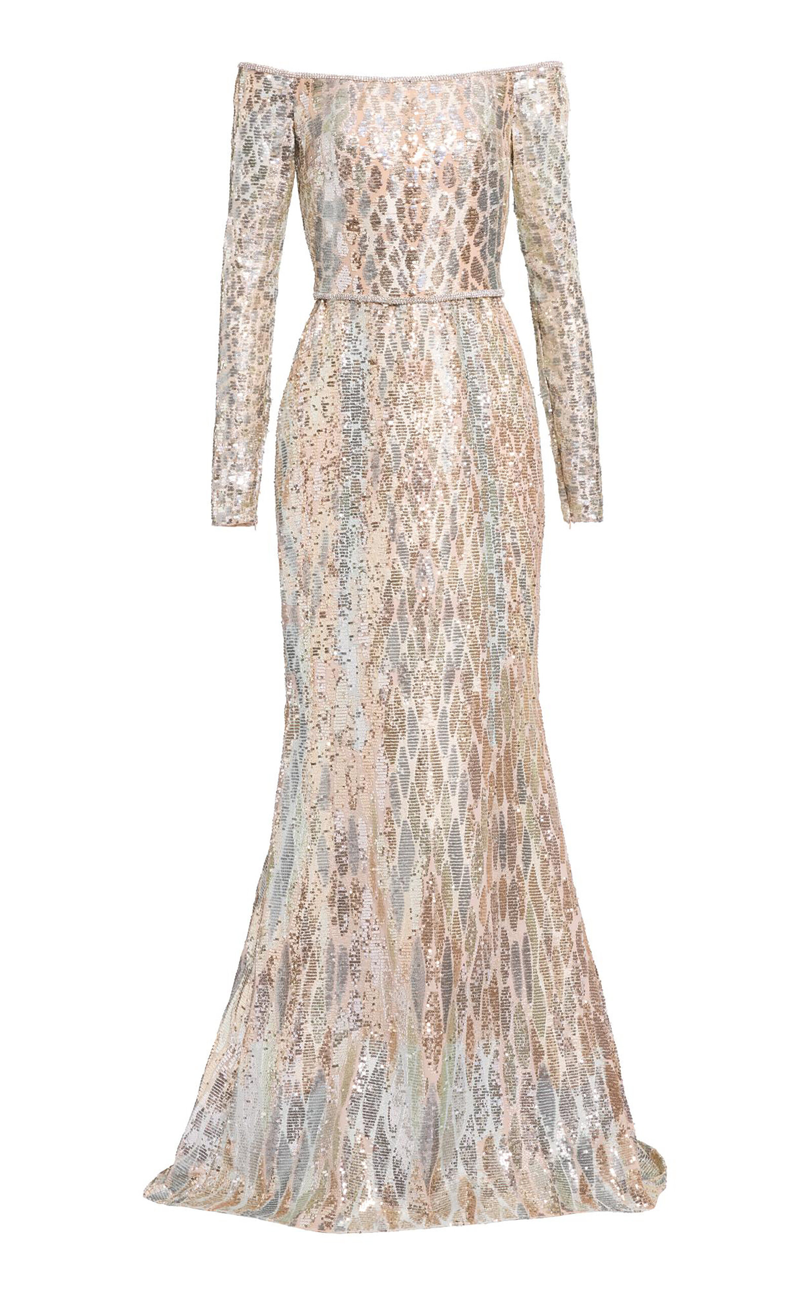 Elie Saab Sequins Embroidered Tulle Long Dress In Neutral