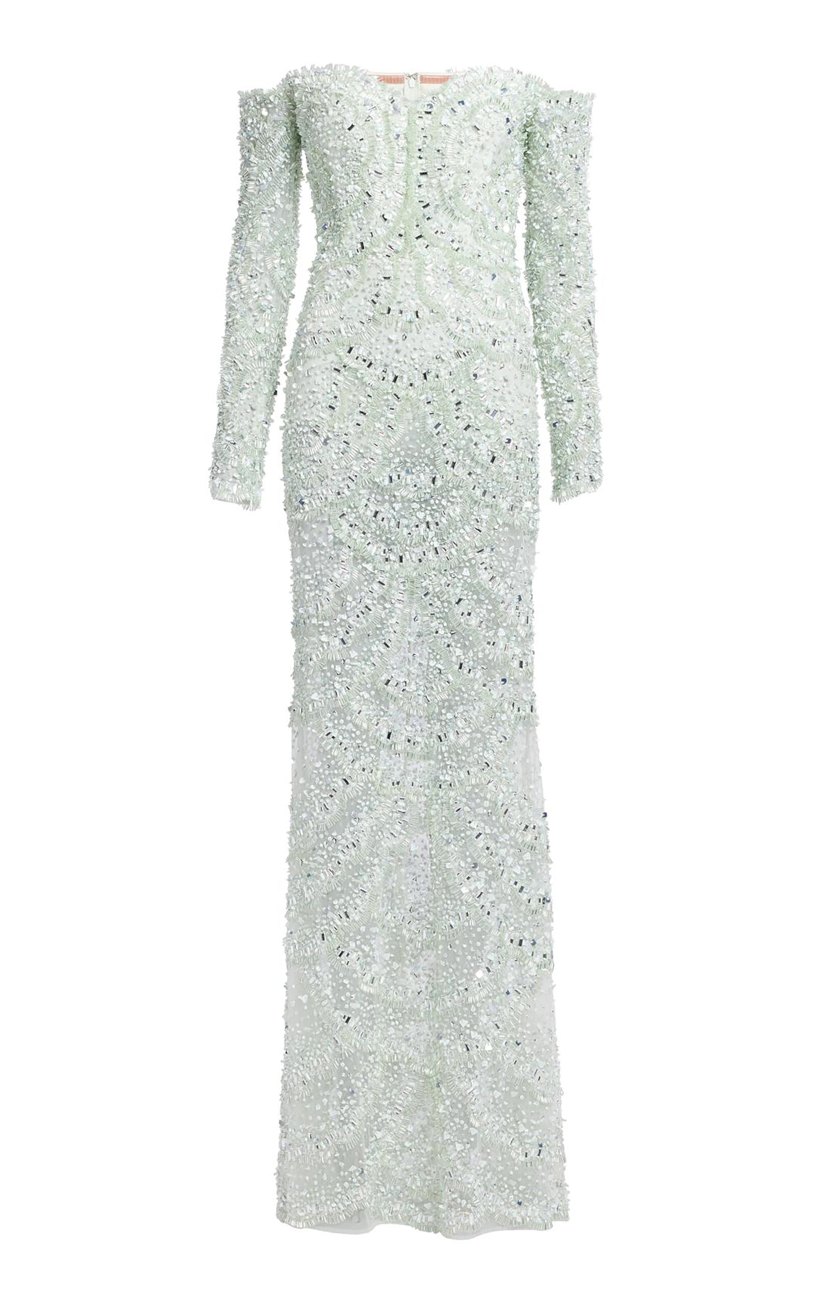 Elie Saab Bead Embroidered Long Dress In Silver