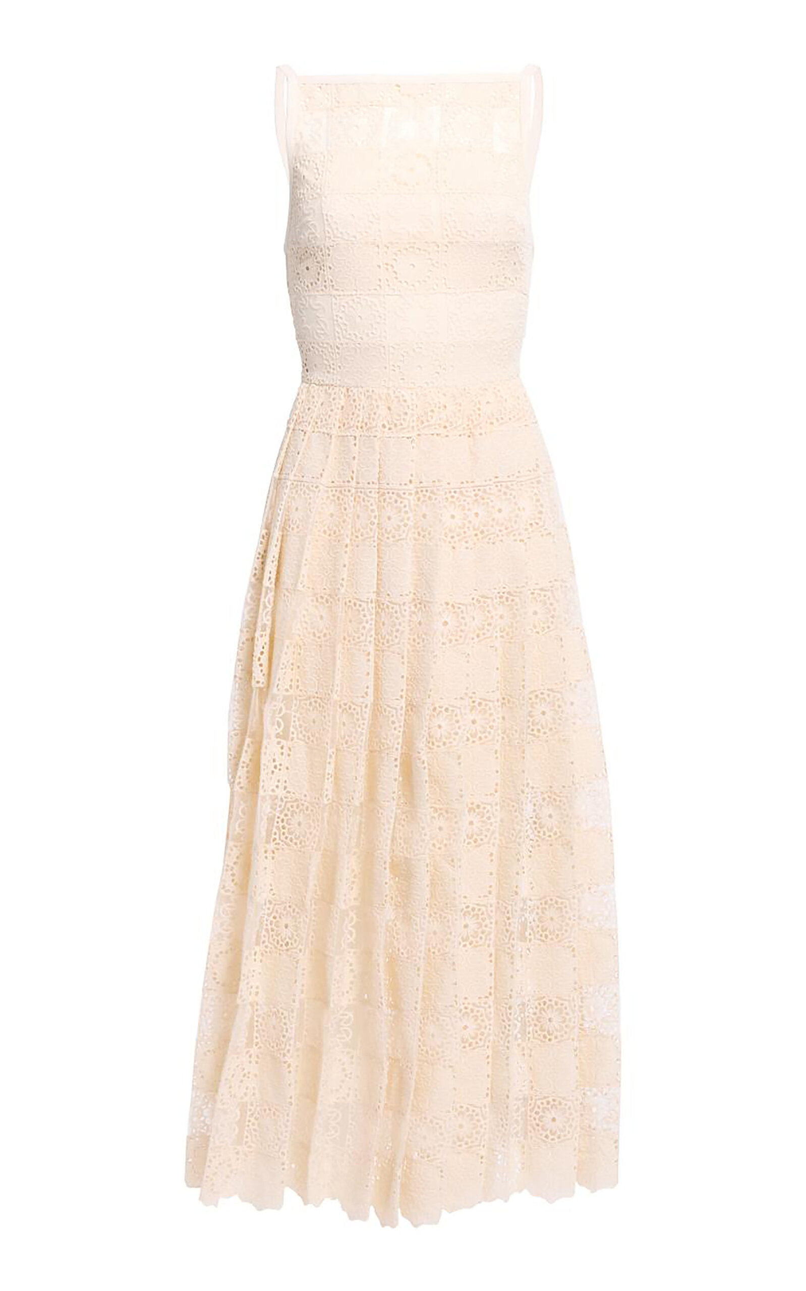 Elie Saab Cotton Embr. Macrame/Organza Midi Dress - Off-White